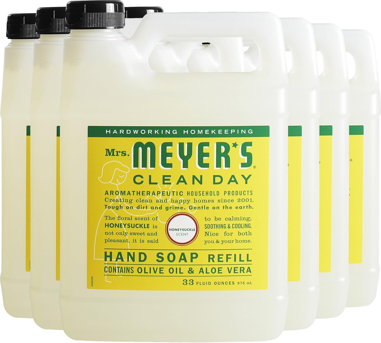 MRS. MEYER'S CLEAN DAY Hand Soap Refill, Made with Essential Oils, Honeysuckle, 33 fl. oz - Pack of 6