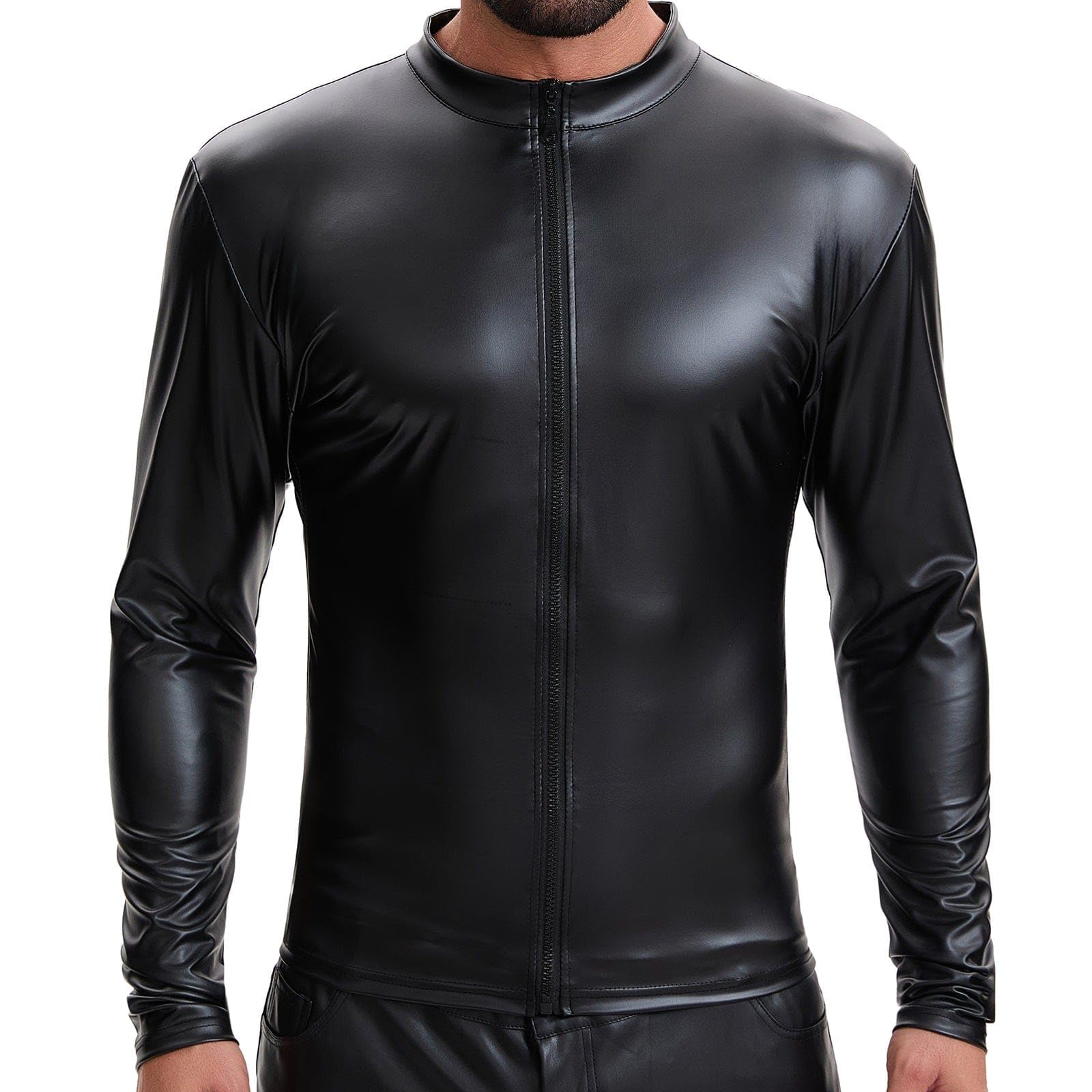 Chaqueta de cuello alto de cuero suave brillante para hombre, camisa de manga larga con cremallera completa, color liso elástico casual