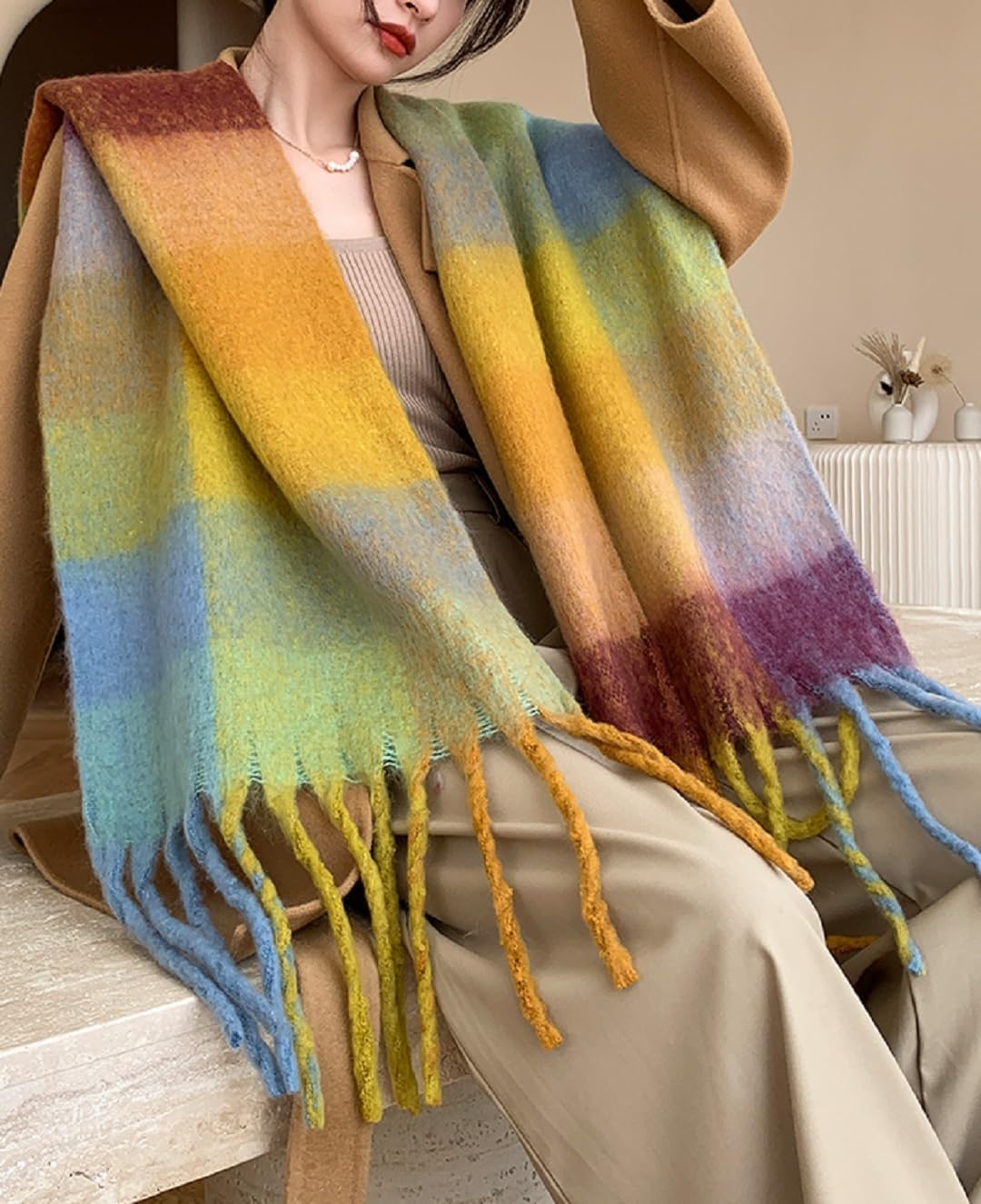 Wander Agio Winter Women Warm Scarf Long Shawl Large Scarves Cold Weather Thick Blanket Scarfs Colorful Plaid - Image 4