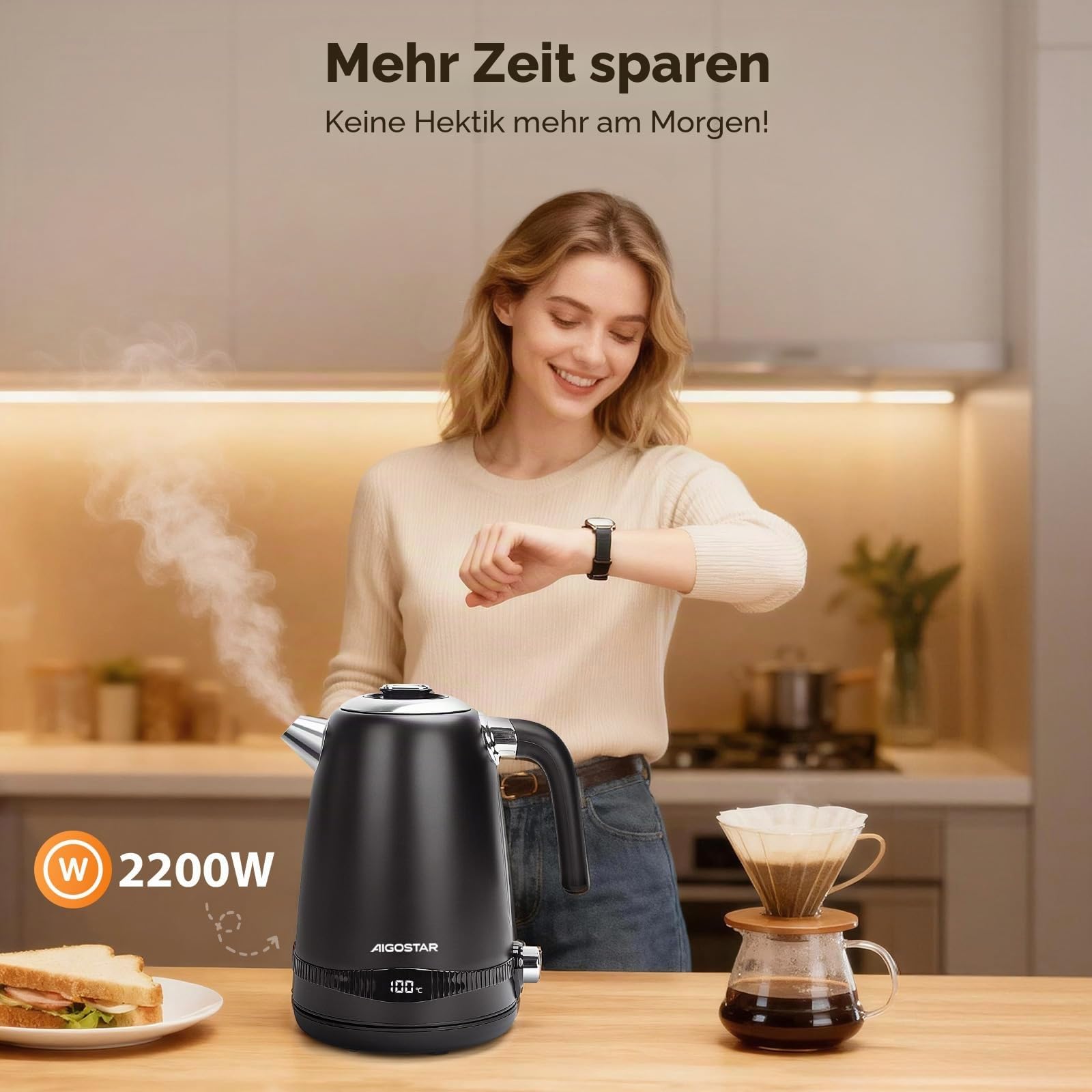 Aigostar Edelstahl Wasserkocher mit Temperatureinstellung, Schwarz Matt