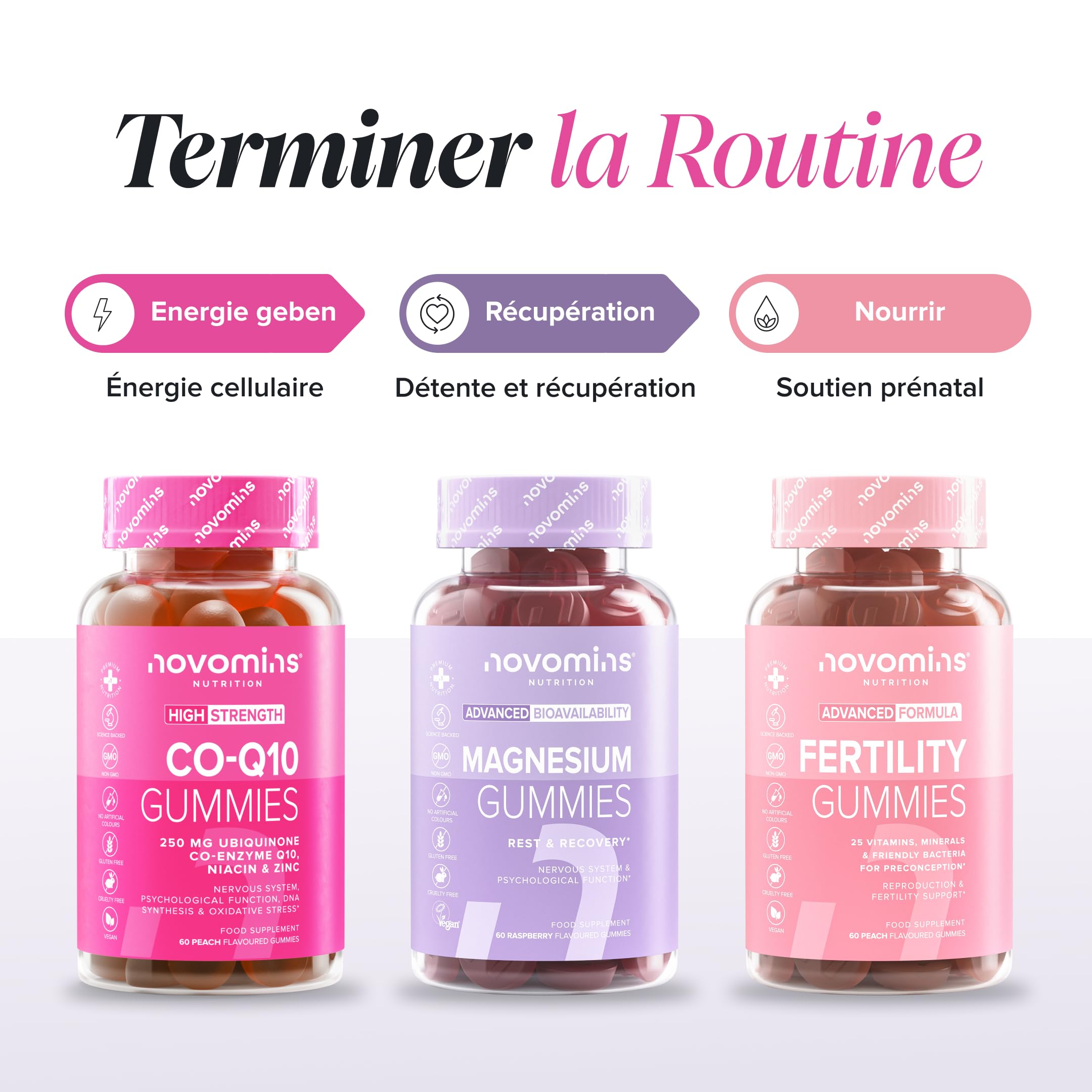 Coenzyme Q10 Gummies – 250 mg de CoQ10 + Niacine & Zinc – Énergie, Moins de Fatigue & Système Nerveux – Végan, Sans Gluten – Goût Orange – 60 Gummies – Novomins