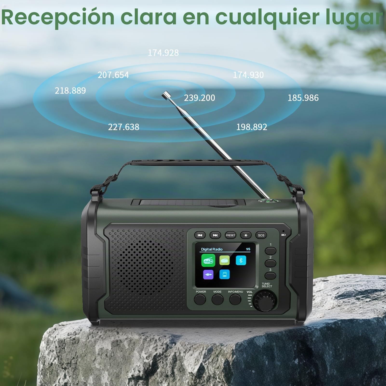 Radio de Emergencia Dab/Dab+ 27000 mAh con Manivela, Solar y Bluetooth 5.3 | Power bank, carga USB, SOS, linterna, luz lectura y brújula, para apagones, camping, autocaravana, Verde Militar