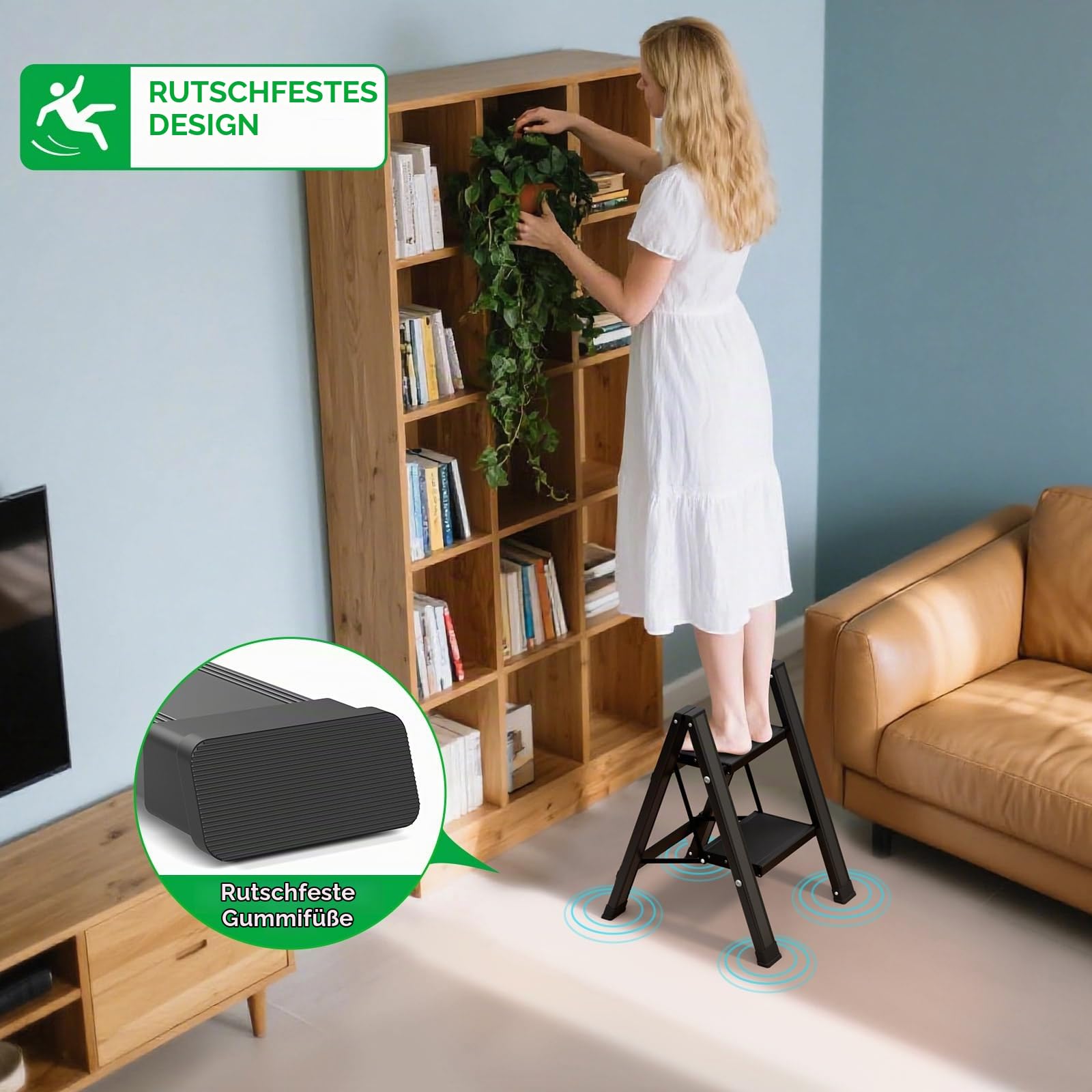 KULACO Klapptritt 2 Stufen Aluminium Leiter, Belastbar bis 150 kg, Schwarz | rutschfeste Haushaltsleiter, Tragbare Multifunktionsleiter Klappleiter für Küche, Bad, Garten und Camping