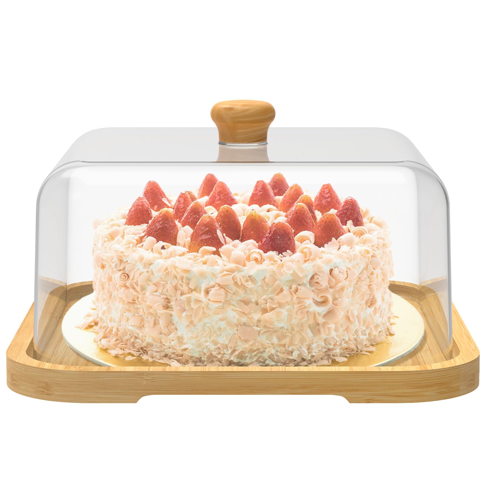 Ghshanog Wooden Handle Cover Set Cake Stand With Lid,12In Wooden Cake Holder,Square Dessert Table Display Plate With Acrylic Cover,Multi Purpose Charcuterie Board For Cheese,Chips & Dips, Nachos, Fruit Platter