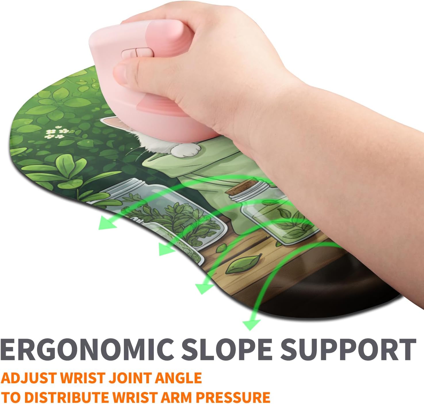 Ergonomic Joint Wrist Support Mouse Pad with Memory Foam Cushion Massage Bump, Carpal Tunnel Pain Relief Mousepad Slope Design for Wrist Rest, 11.8x7.9 in, Cute Kitten