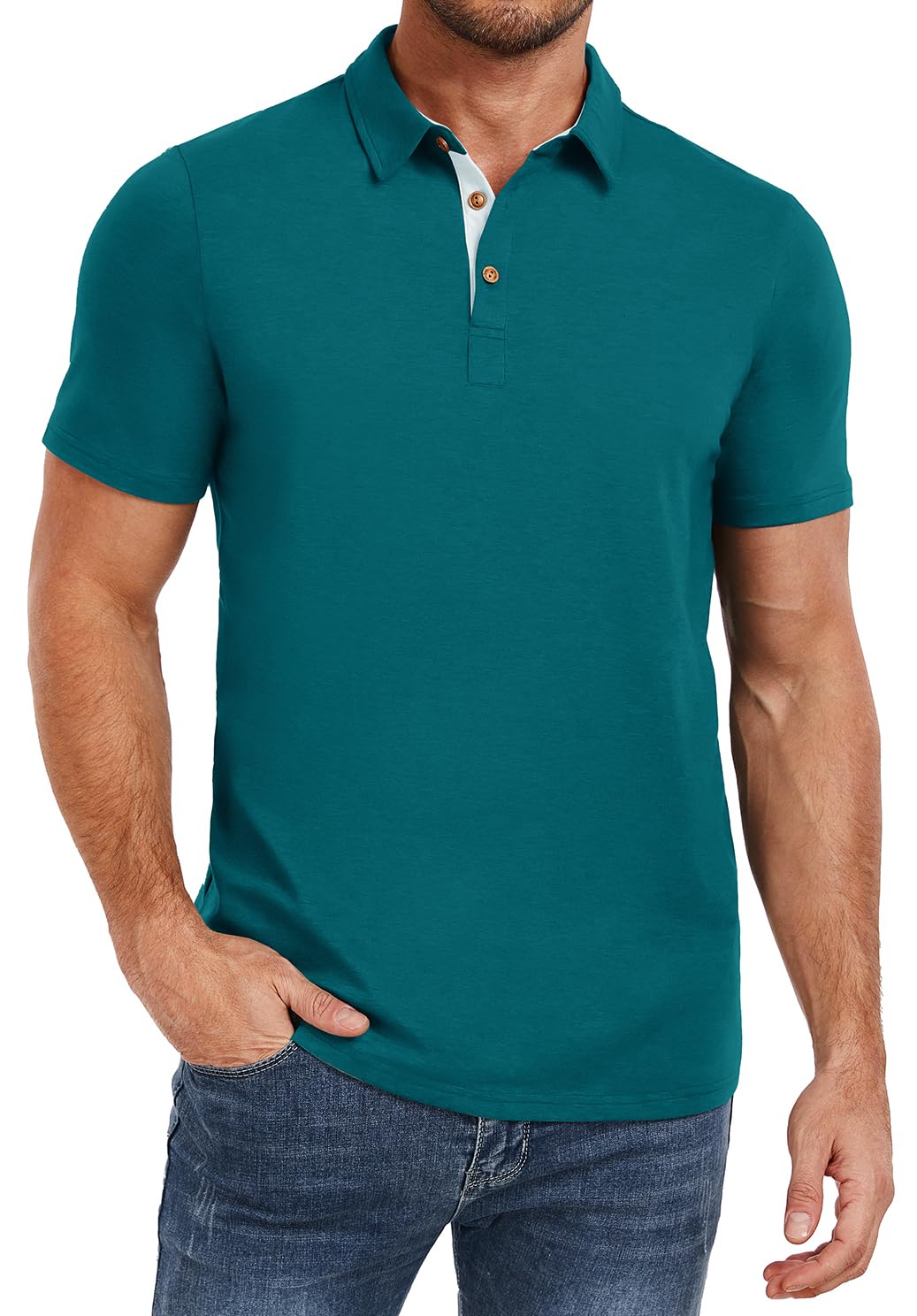 PEGENO Mens Polo Shirts Short Sleeve Casual Cotton Golf Shirts Performance Polo Shirts for Men A12 Teal X-Large