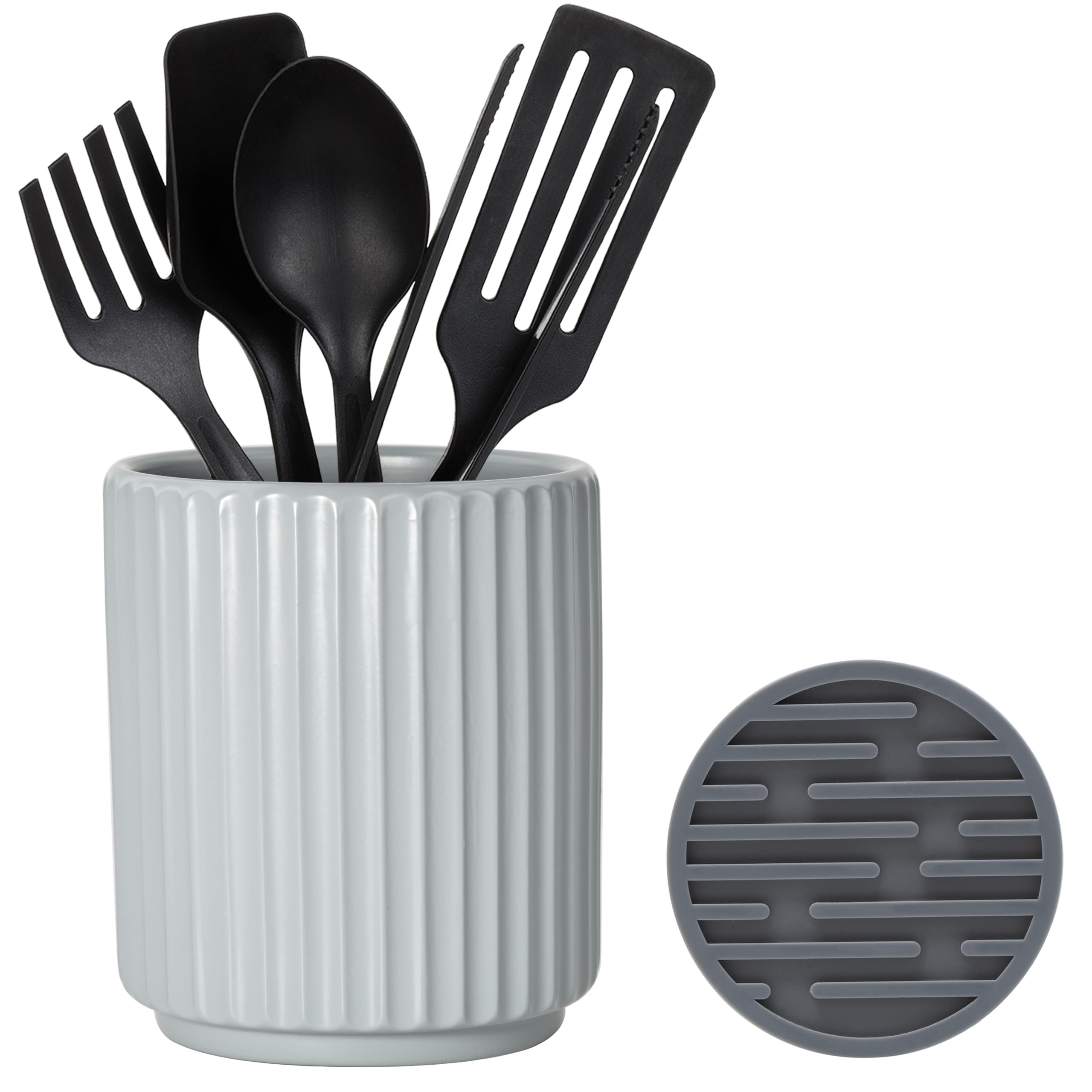 Muiltvoe Small Utensil Holder for Kitchen Counter (H5.51” x W4.92”) Ceramic Countertop Utensil Holder for Kitchen Utensils Crock for Countertop Includes Silicone Drying Mat Green