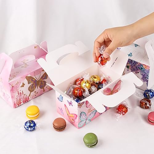 Miniatura 4 de Cajas de regalo de mariposa rosa para fiestas, paquete de 12 cajas de regalo de galletas de caramelo con asas, perfectas para niñas, cumpleaños,