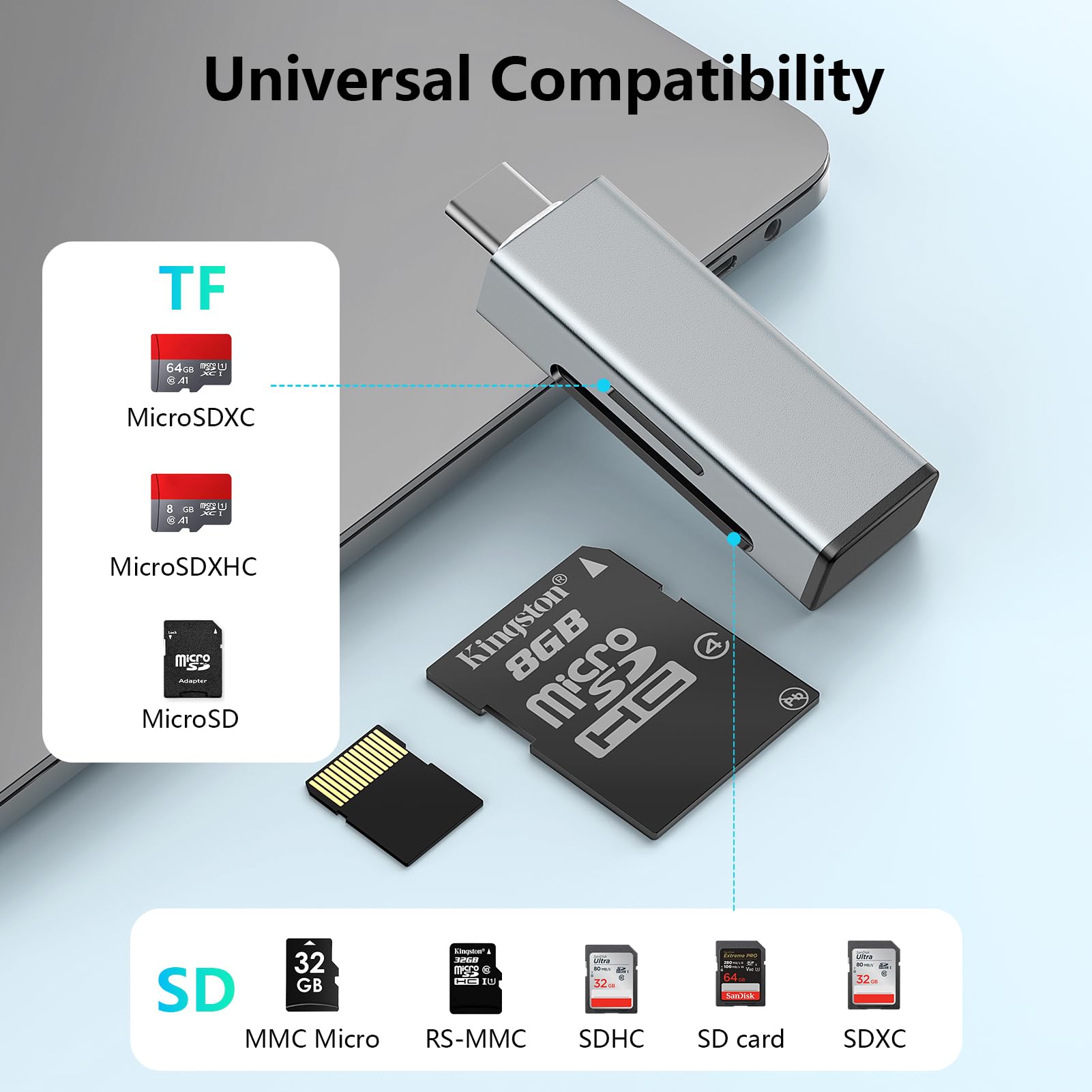GlasFlength Czytnik kart SD/Micro SD, aluminiowy czytnik kart USB C do TF/SDXC/SDHC/Micro SDXC/Micro SDHC 2 w 1 OTG, adapter do laptopa z systemem Android (szary)