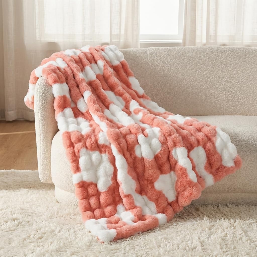 Pink Cow Throw Blanket for Women Teen Girls, Cozy Fuzzy Faux Rabbit Fur Blanket for Couch Bed Camping Travel, Cute Bubble Strawberry Throw Blanket for Kawaii Cowgirl Decor Toddlers & Kids, 50" x 60"