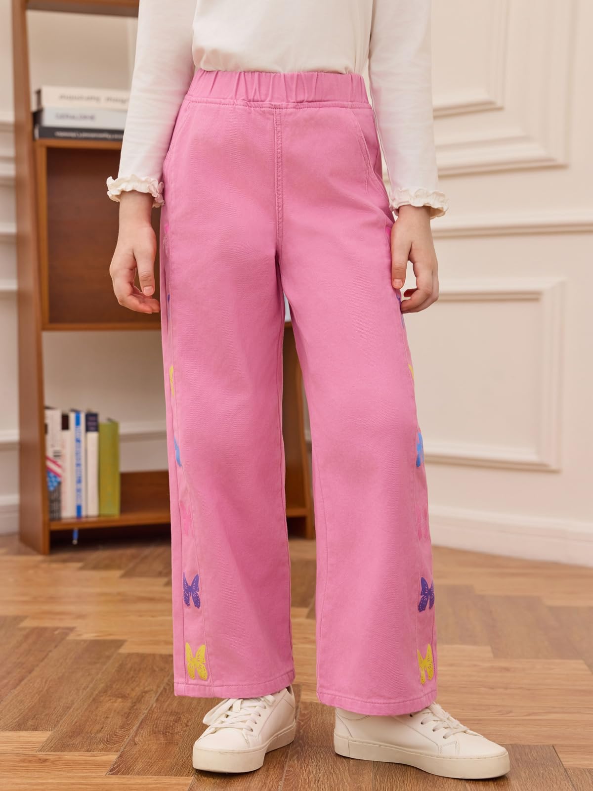 Haloumoning Jean pour fille - Imprimé papillon - Denim - Pantalon baggy - Jambes larges - Élastique - Streetwear avec poches