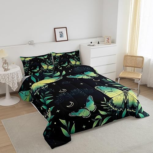 Miniatura 2 de Erosebridal Juego de edredón de polilla gótica tamaño Queen, edredón y juegos de ropa de cama con purpurina y estrellas y luna, edredón de hojas