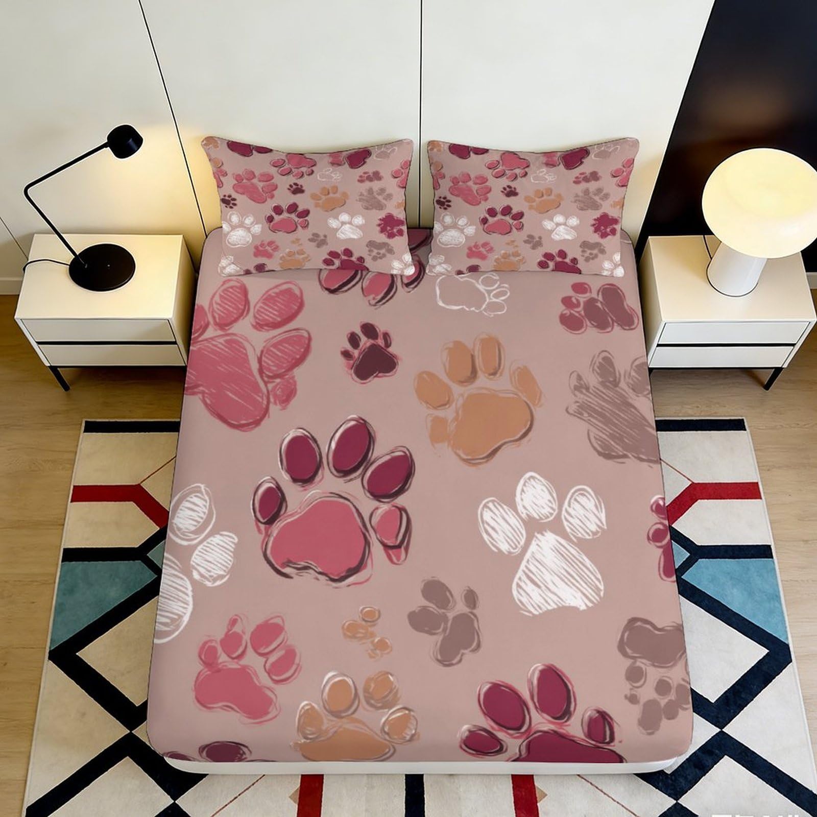 3D Printed Cute Paw Fitted Sheet Microfiber Deep Pocket Non-Slip Bedroom Bedding Set Paw Print Mattress Fitted Cover Full Wrap Washable for Adult Teen 200x200x25cm 90x200x25cm
