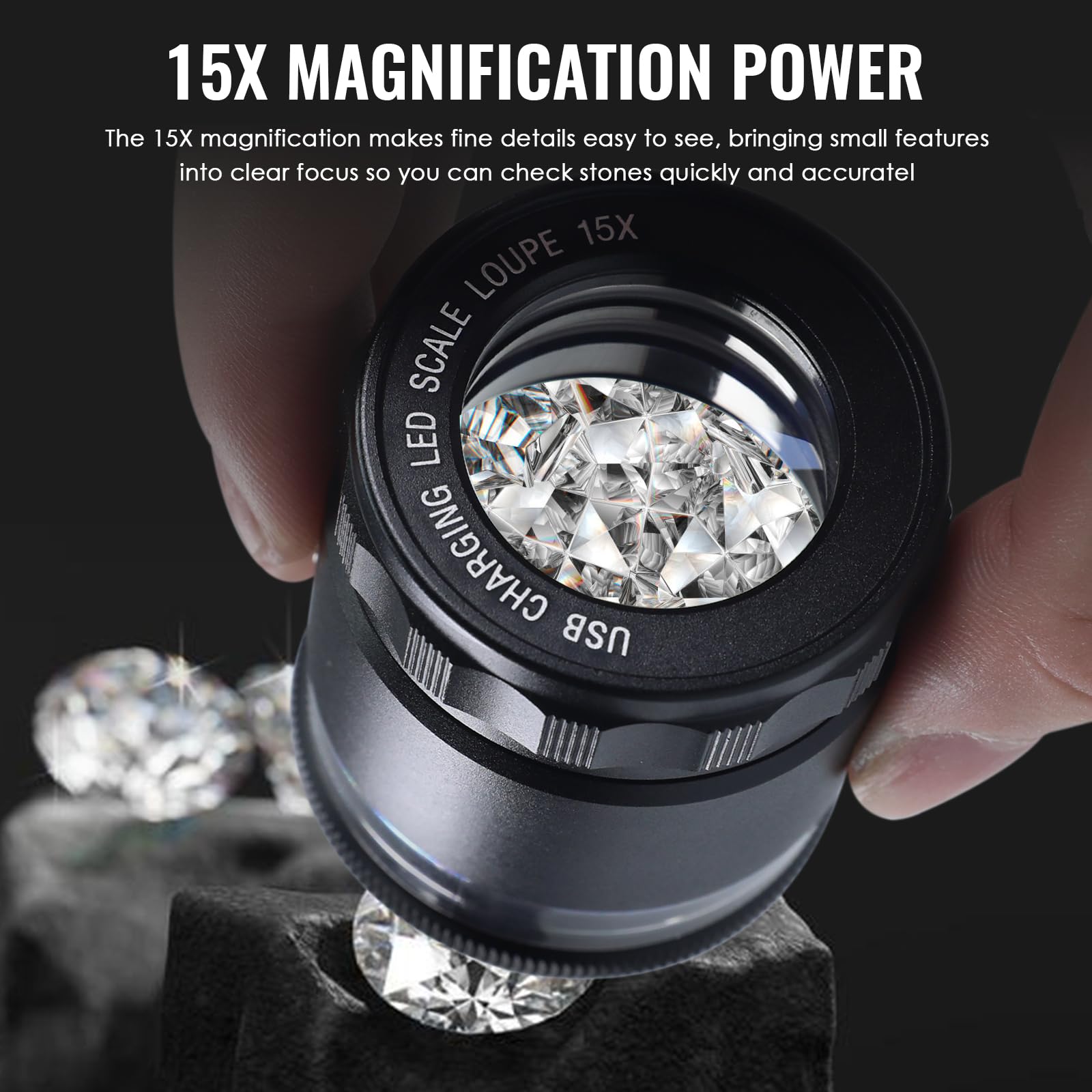 Lupa de joyería de 15 aumentos con luz LED, lupa de metal recargable por USB con escala de retícula desmontable, área de visión de 25 mm, lupa de ojo de enfoque ajustable para joyas, gemas, monedas y