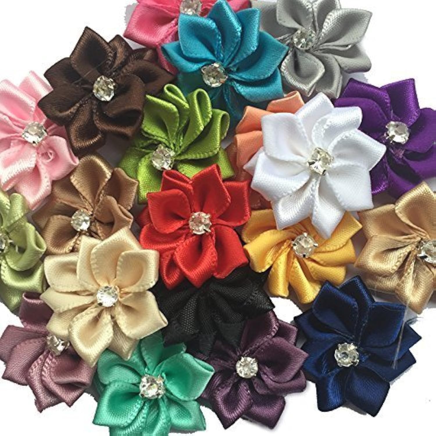 Chenkou Craft Multi-Color Mix 40Pcs Ribbon Flowers Bows Rhinestone Wedding Ornament Appliques