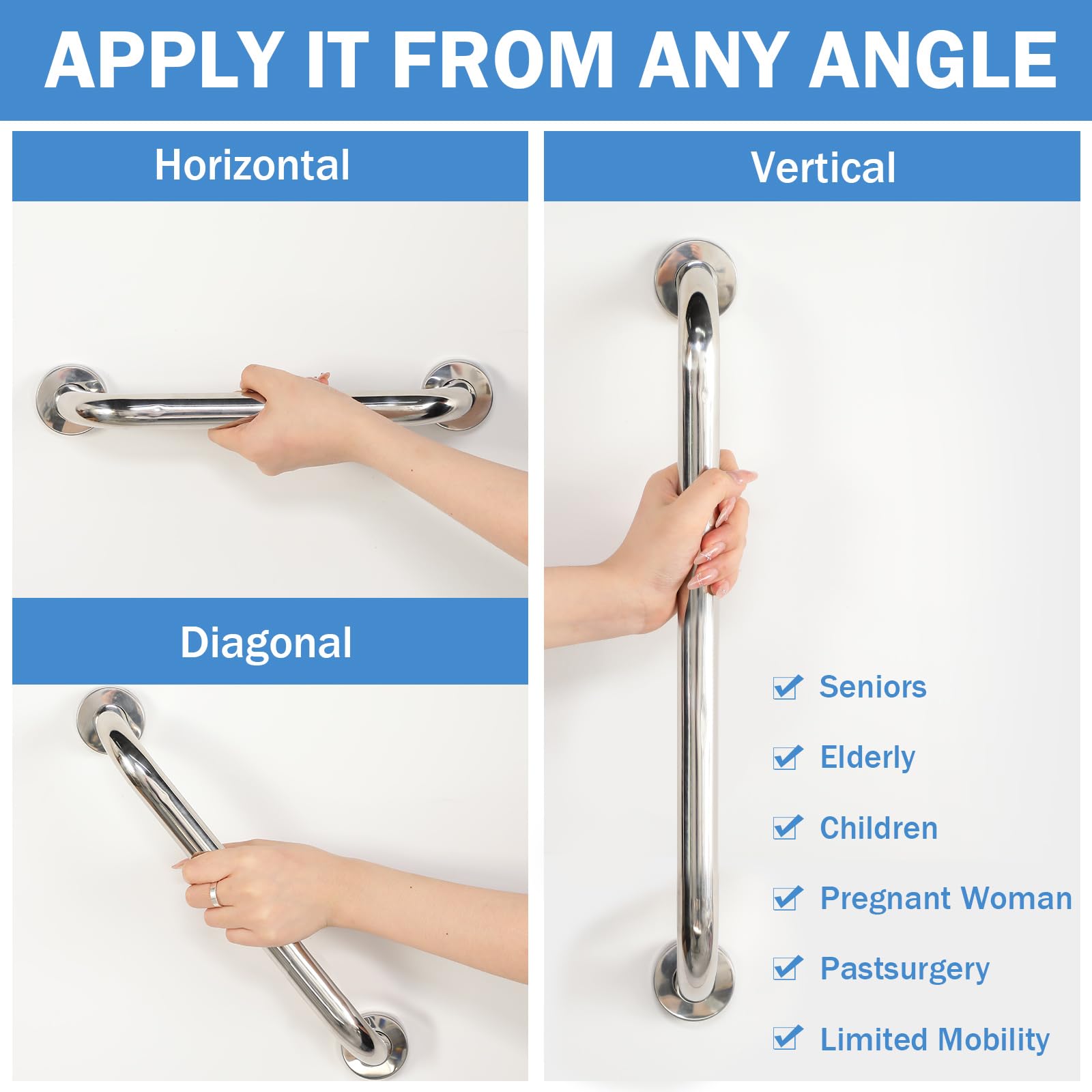 Therwen Paquete de 6 barras de agarre para bañeras y duchas, barras de agarre para personas mayores, acero inoxidable, discapacitados para personas mayores, para pared o ducha, dispositivo de
