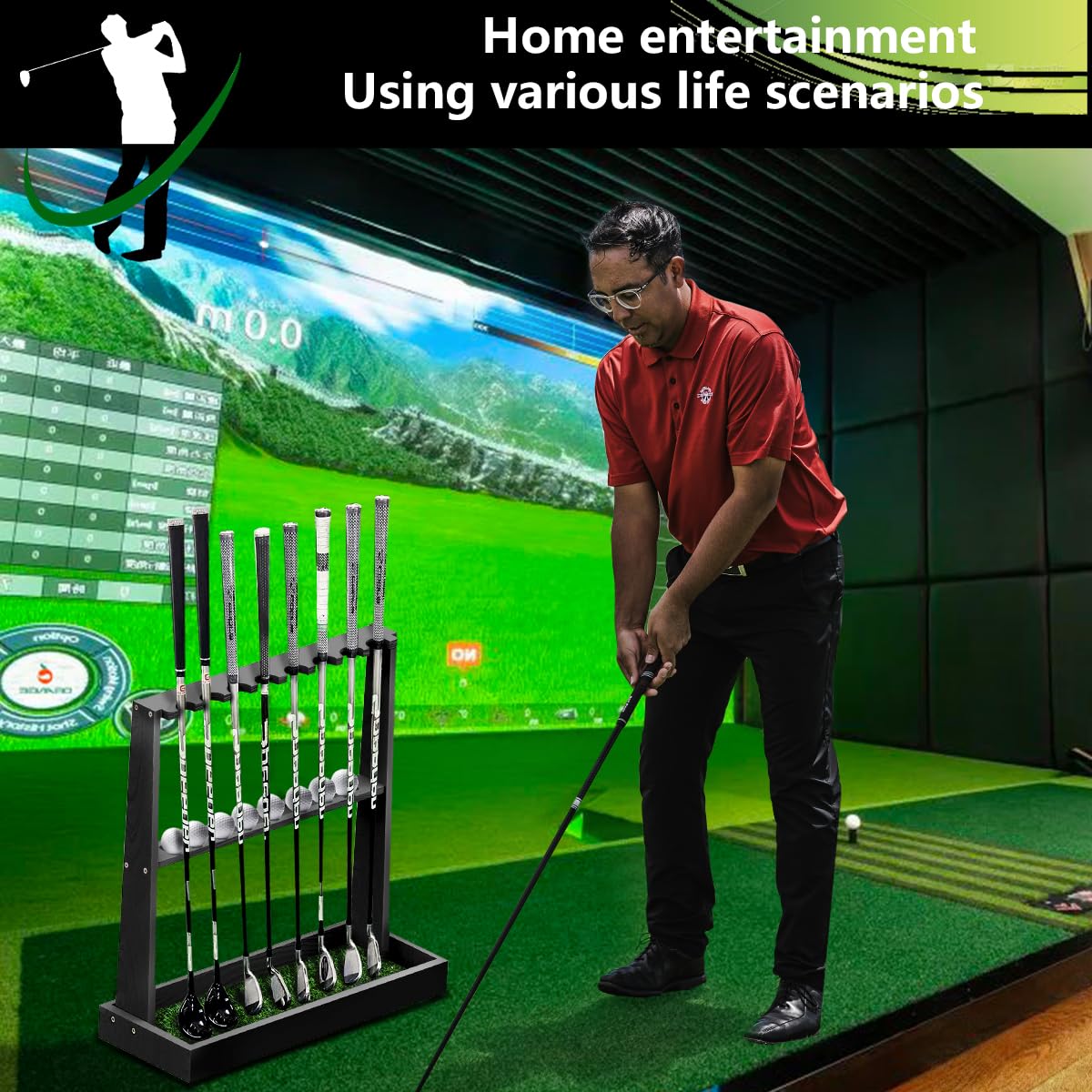 Soporte para palos de golf, estante de madera para palos de golf, estante de exhibición interior, organizador de palos de golf para almacenamiento de 8 palos y 11 pelotas, estante de golf para