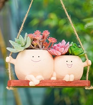 Cute Couple Swing Planter with Smiley Face,Couple Planter,Hanging Swing face Pot,Hanging Plant Pot for Indoor Outdoor Plants, Khaki