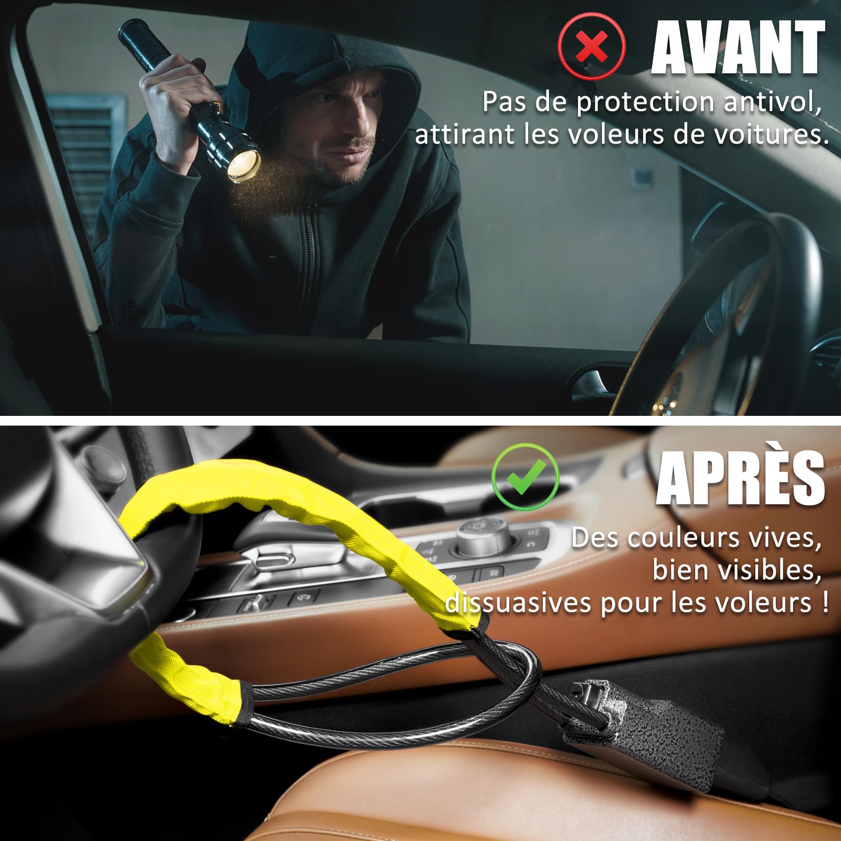 Tevlaphee Antivol Volant Amélioré, Bloque Ceinture, Tête Métal, Dispositif Antivol Auto Haute Visibilité, Robuste, Universel pour Voiture, SUV, Pickup, Jeep, Van, 3 Clés(Jaune)