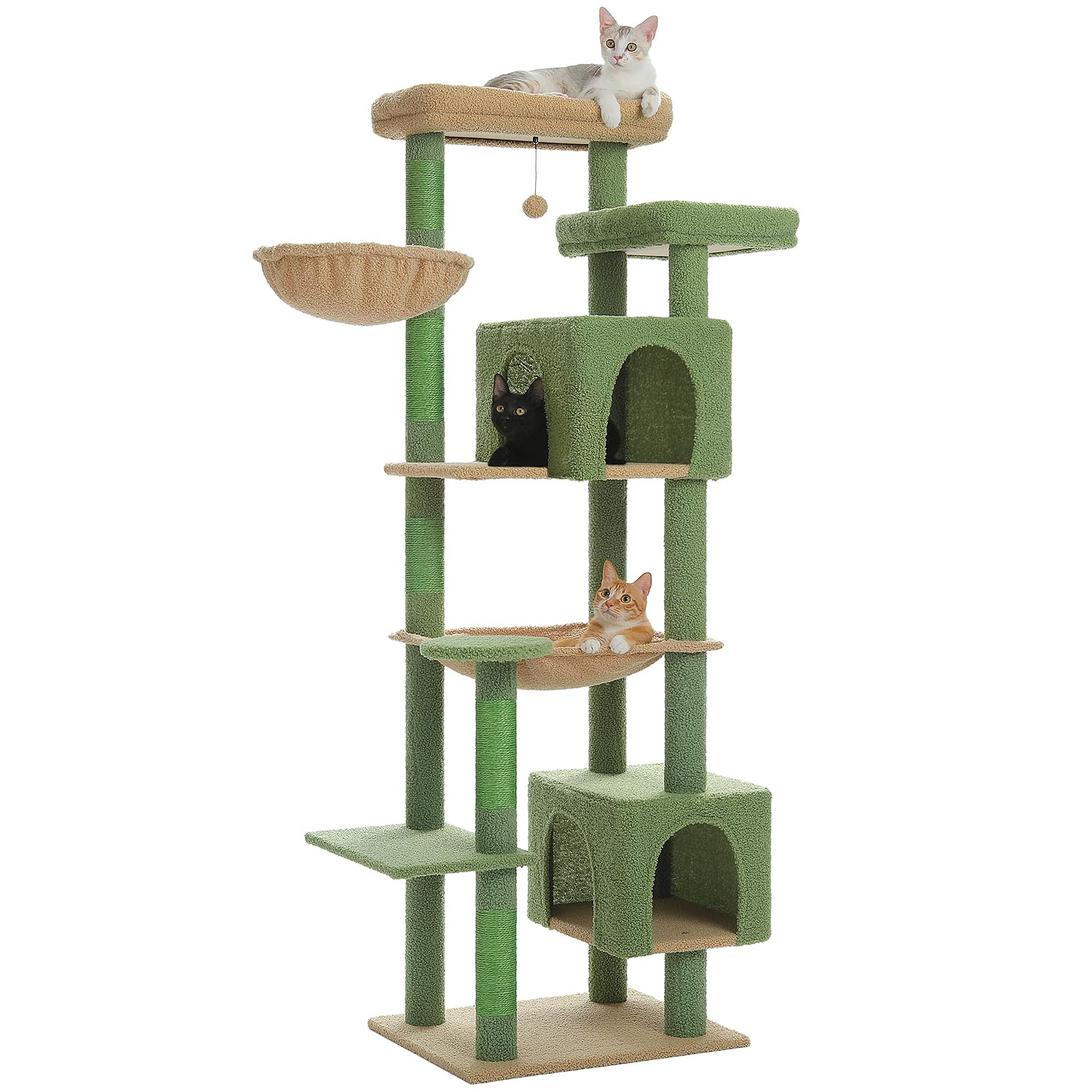 PETEPELA(ぺテぺラ) キャットタワー 大型猫用 スリム 多頭飼い 猫タワー 据え置き型 コンパクト 省スペース ハンモック サボテン 爪研ぎ 人気 おしゃれ かわいい シンプル 転倒防止ベルト付き 展望台 猫ベッドカバー取り外し可能 運動不足解消 安定 頑丈 大型猫 - 高さ175cm グリーン