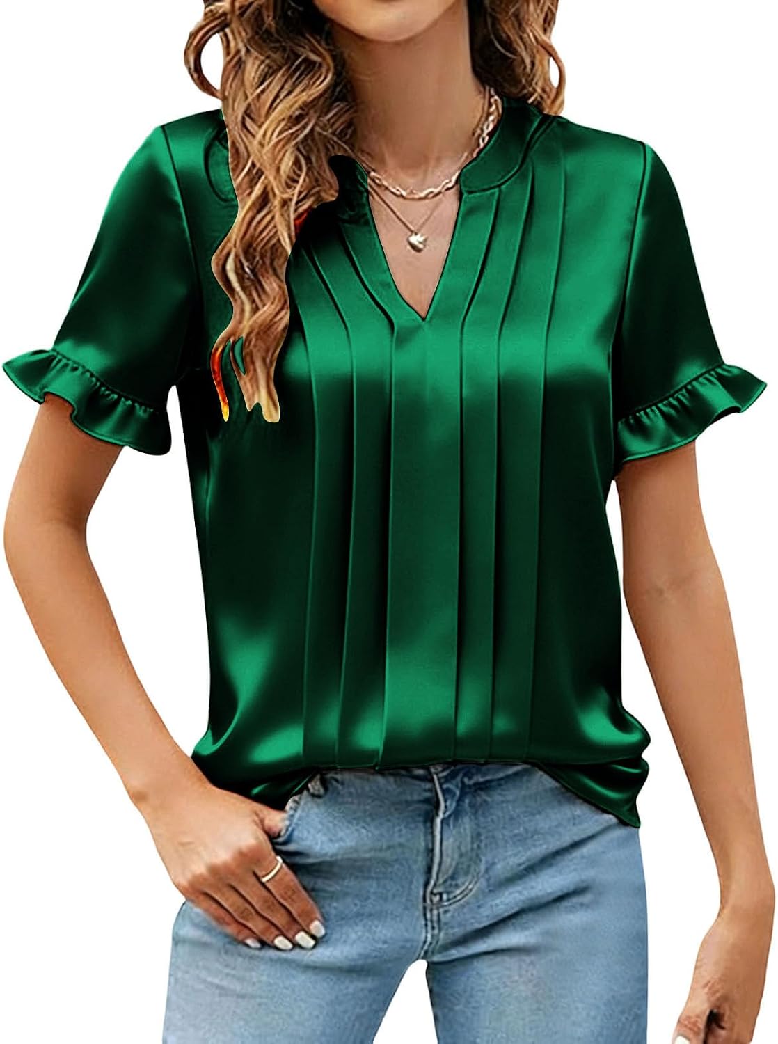 Womens Summer Tops Satin Blouses Dressy Casual Loose Pleated V Neck Short Sleeve Shirts Work Business Outfits