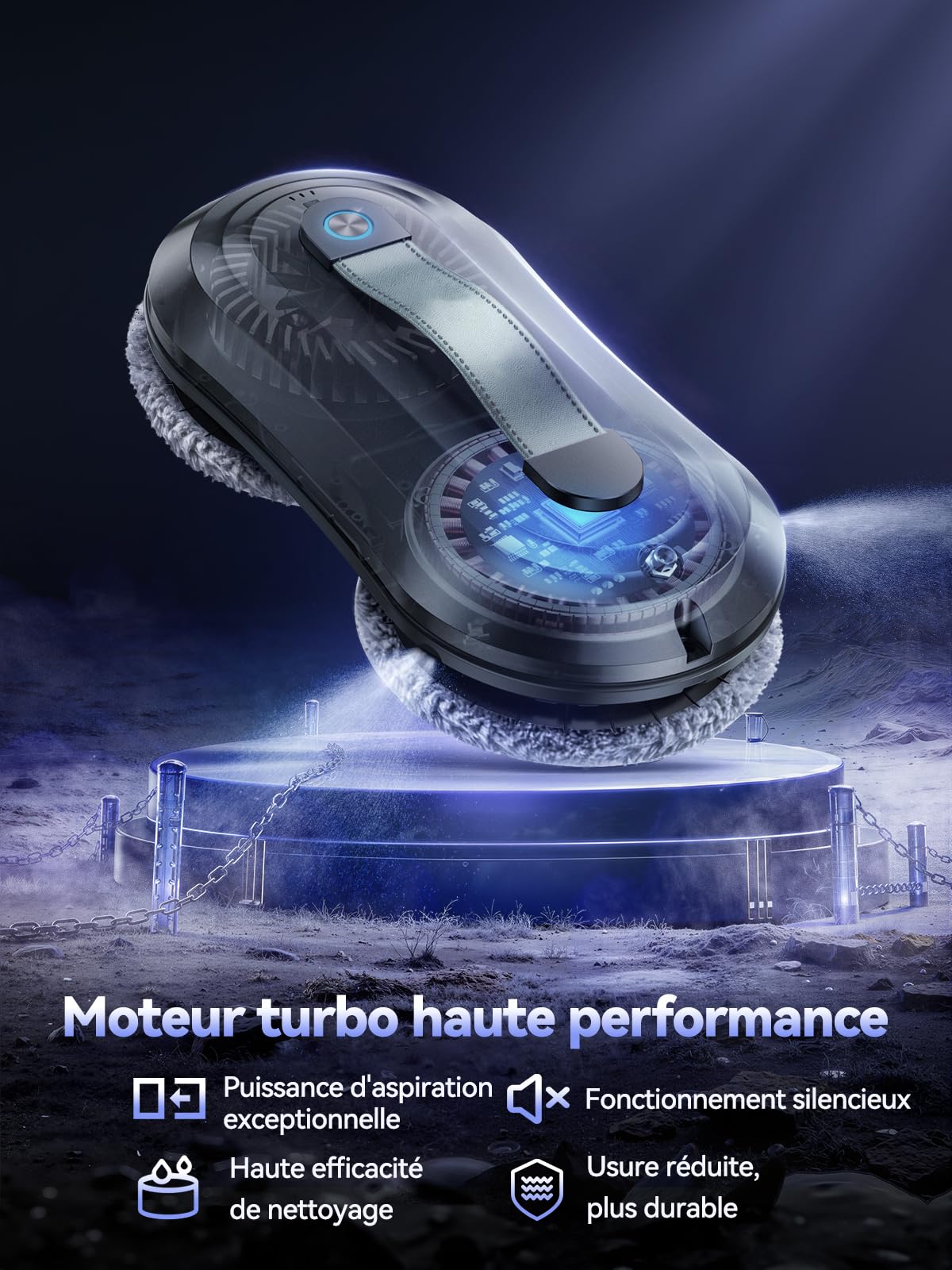 Robot Laveur de Vitre, Fonction Vaporisation, Aspiration Turbo 7000Pa, Silencieux, 3 Modes, Navigation Intelligente, Détection Bords, 10 Lingettes