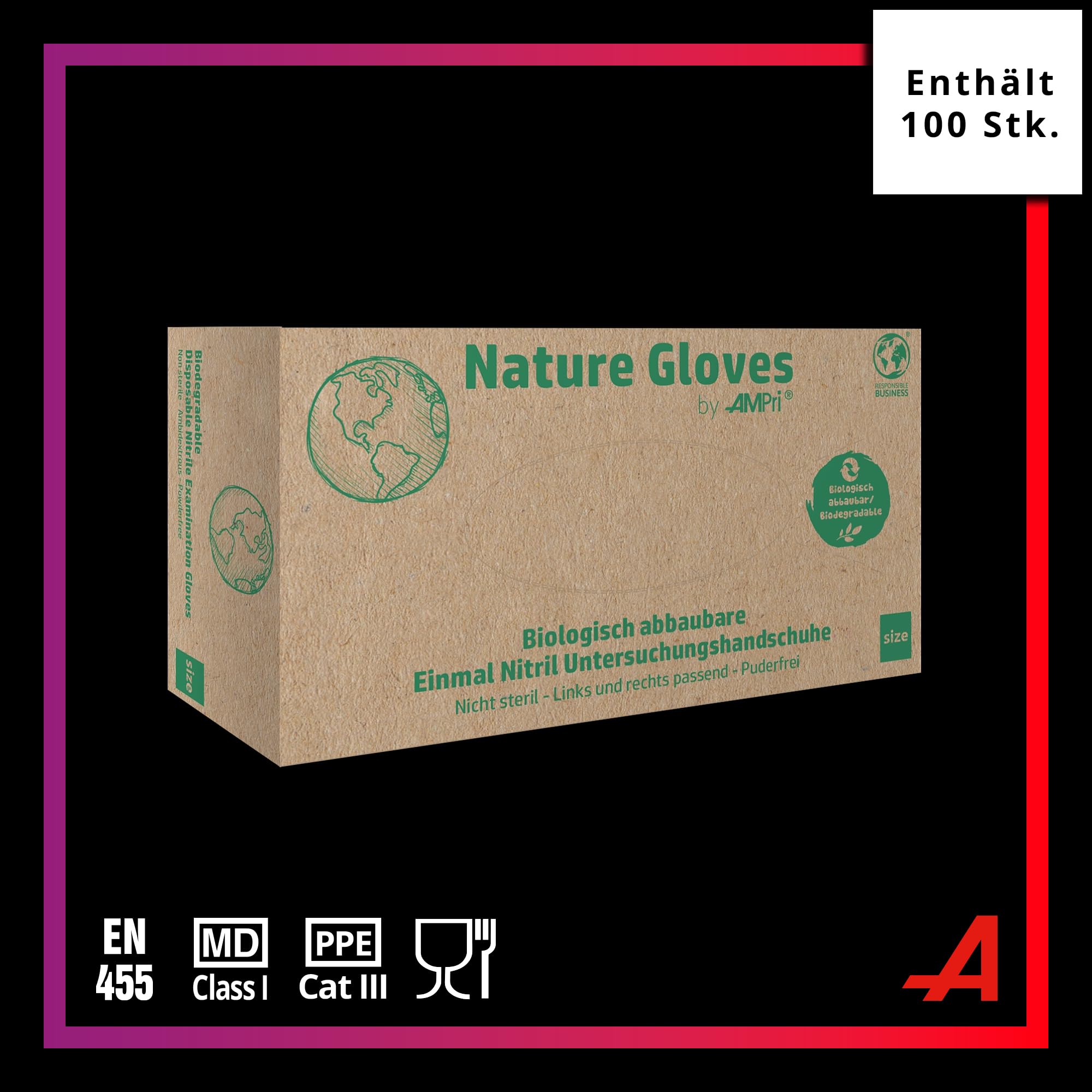 Gants Nitrile Biodégradables Sans Poudre AMPRI Nature - Boîte De 100