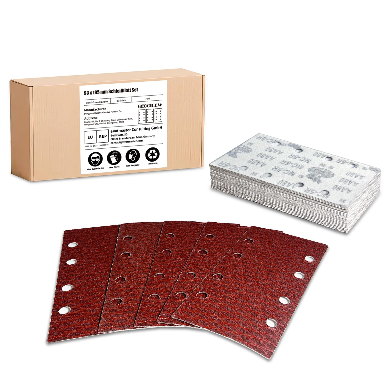 GEOGIEEW 30 PCS Sanding Sheets, 93 x 185 mm 8 Hole Square Hook and Loop 80 Grits Sander Pads, Assorted Fit Rectangular Sander