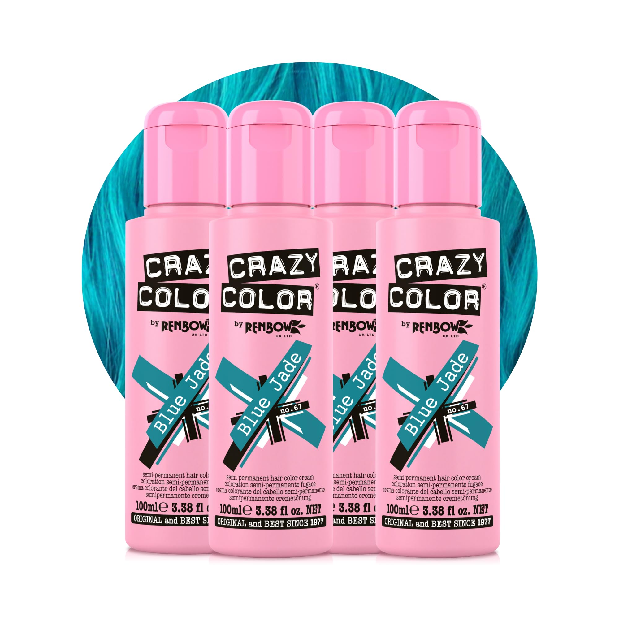 Crazy Color Vibrant Blue Jade Semi-Permanent 4 Pack Quad Hair Dye. Highly Pigmented Teal Aquamarine Conditioning & Oil Nourishing Vegan Formula No Bleach or Ammonia 400ml