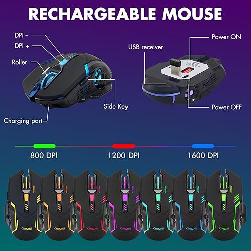 Miniatura 5 de Teclado inalámbrico y mouse para videojuegos, batería recargable con retroiluminación RGB, combo de jugador, sensación mecánica, anti-fantasma, con