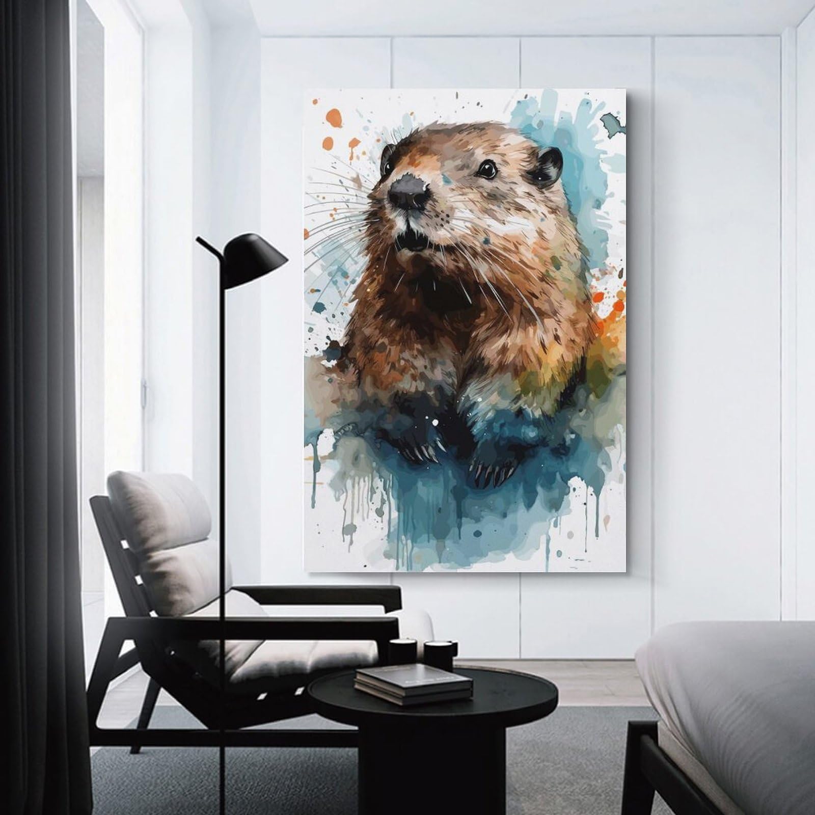 Junmoney Watercolor Beaver Portrait Room Decor Wall Art 24x36inch(60x90cm), for Corridors, Hallways Or Apartment Entries, Decorative Wall Art for Narrow Spaces