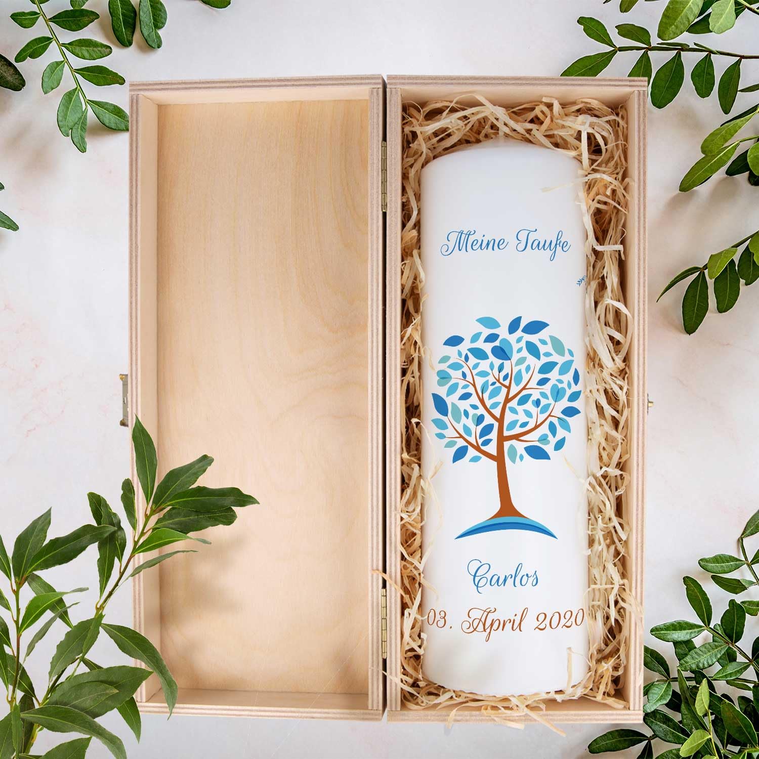 GRAVURZEILE Candela Per Battesimo Con Albero Della Vita Con