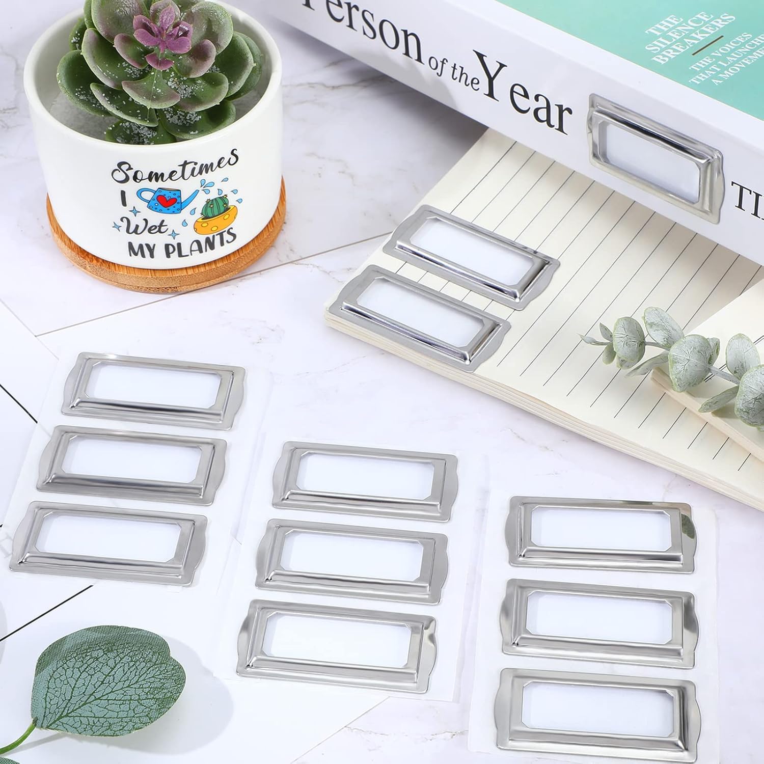24 Pcs Self Adhesive Metal Bookplates for Books Card Horizontal Clip Label Holders Metal Drawer Tag Silver Label Plate for Office Library Book File Cabinet Drawer Tag Teacher School Classroom