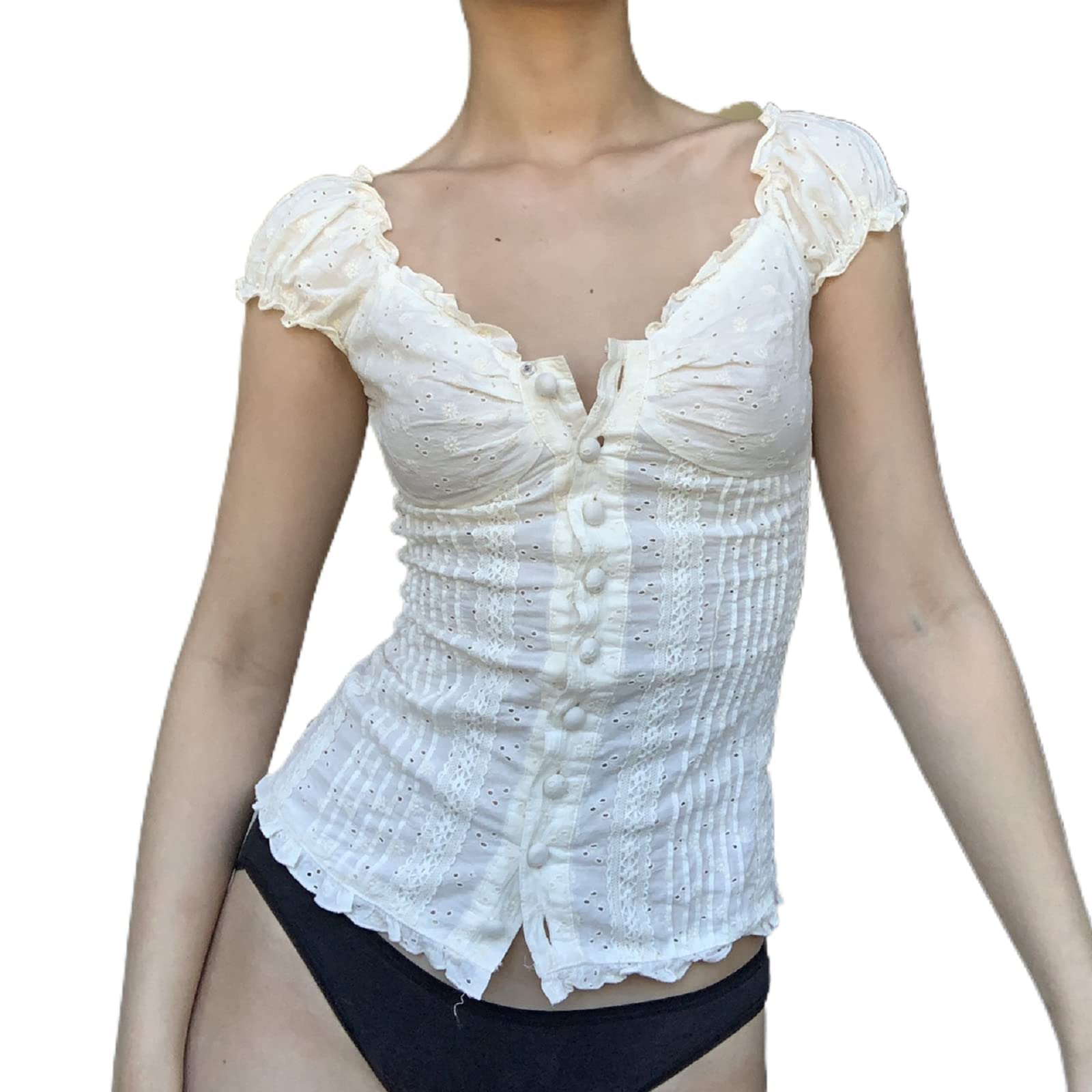 MadgerWomen Fairy Grunge Shirt Short Sleeve Lace Patchwork Crop Top Square Neck Fairycore Tee Vintage Aesthetic Slim T-Shirt Y2k Streetwear