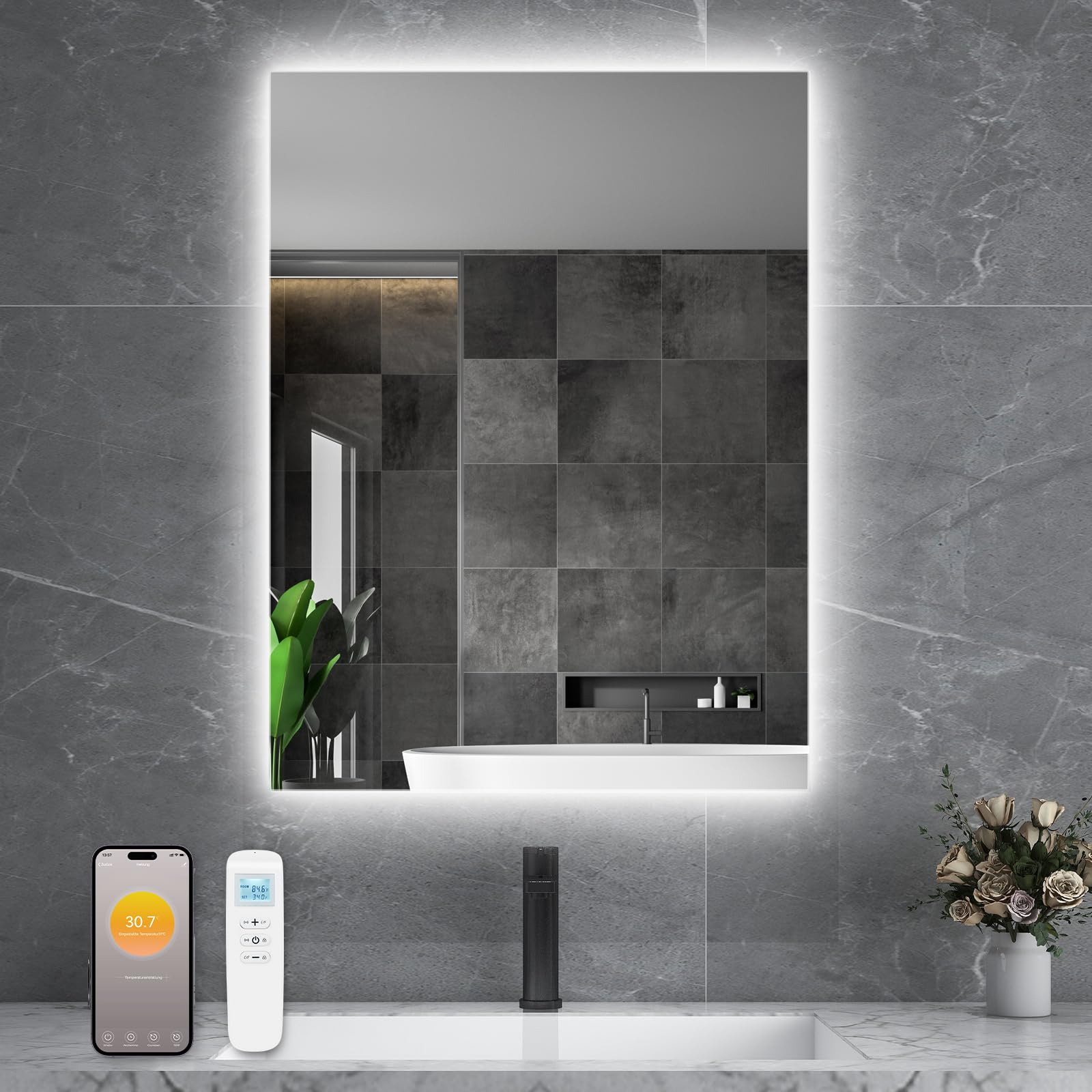 Infrarotheizung Spiegel mit Thermostat 450 Watt - Spiegelheizung Infrarot mit LED Beleuchtung Licht - Infrarot Wandheizung- APP Fernbedienung Steuerung - Badspiegel 80x60 CM Badezimmerspiegel