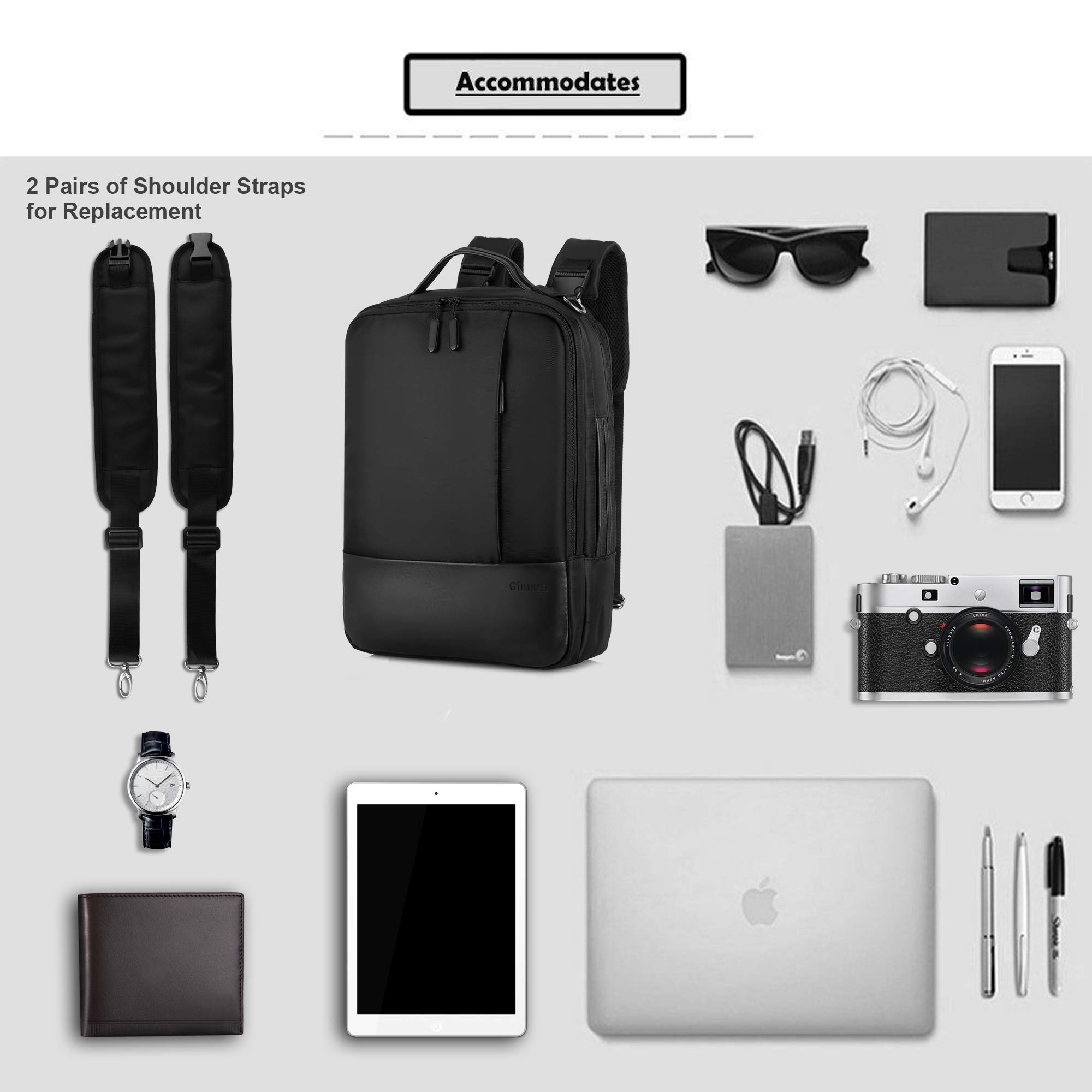 Gimars UPGRADE Diseño 3 en 1 Mochila para Portátil 15.6" con Puerto de USB Bolsa Portátil Unisex Mochila Multifuncional Ergonomica para Trabajo Oficina Escuela Negocio Viaje Avión,Negro