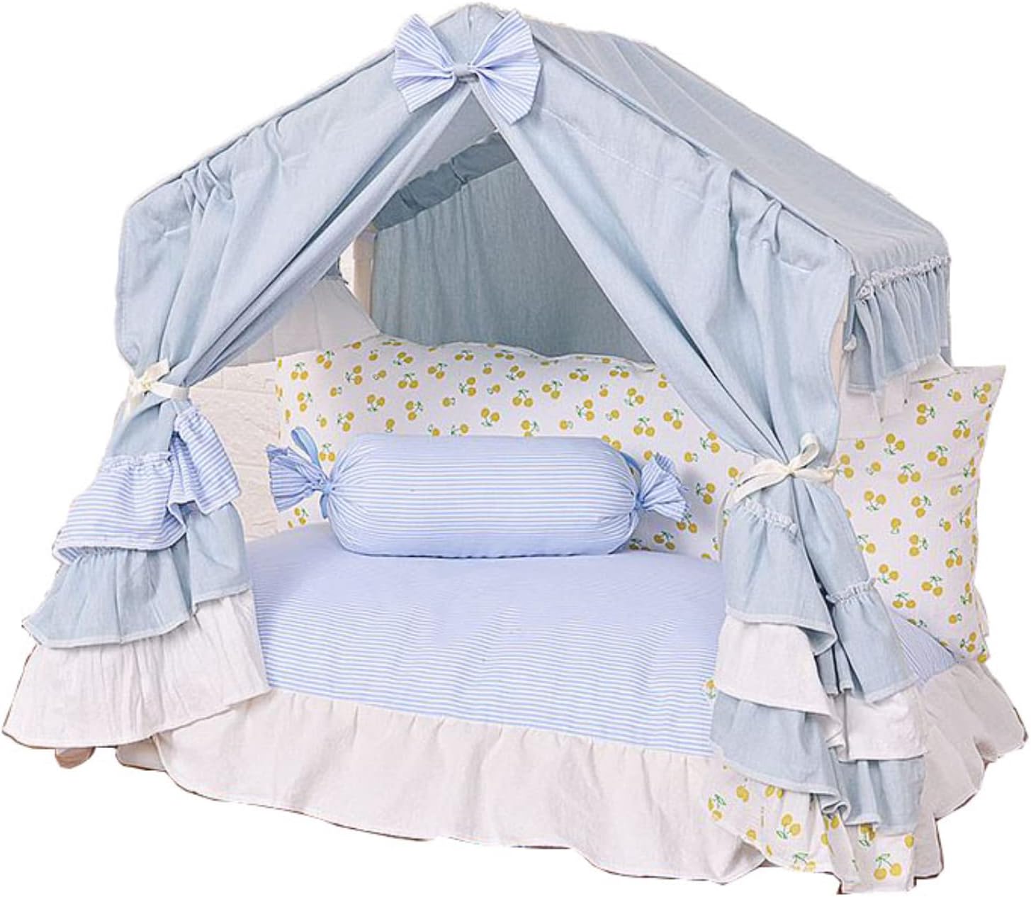 Princess Handmade Cotton Pet Dog Bed House Indoor Tent + 1 Candy Pillow Washable Raised Frame Bed for Small Dog Puppy (S:for pet<6.6pounds,Blue)