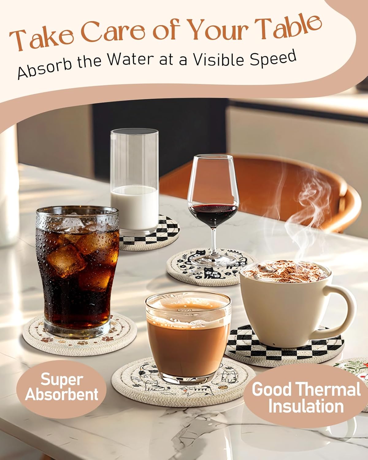 Drink Coasters Set of 4 - Cute Absorbent Cup Coasters for Drinks Coffee Table Office Home Desk Decor Soft Woven Cotton Cloth Braided Fabric Drinking Cup Mat with Holder Kawaii Cat Dog Animals - Image 5