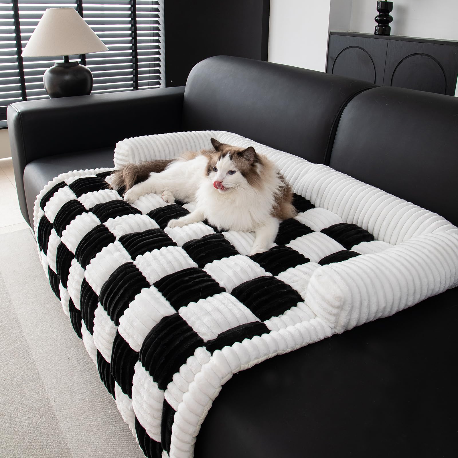 OKYUK Letto per Cani, Super Confortevole Cestino per Cani, Divano per Cani, Copridivano, Lavabile a Mano, Antiscivolo, Adatto per Cani (Nero a quadri, L 90 x P 90 x H 13 cm)