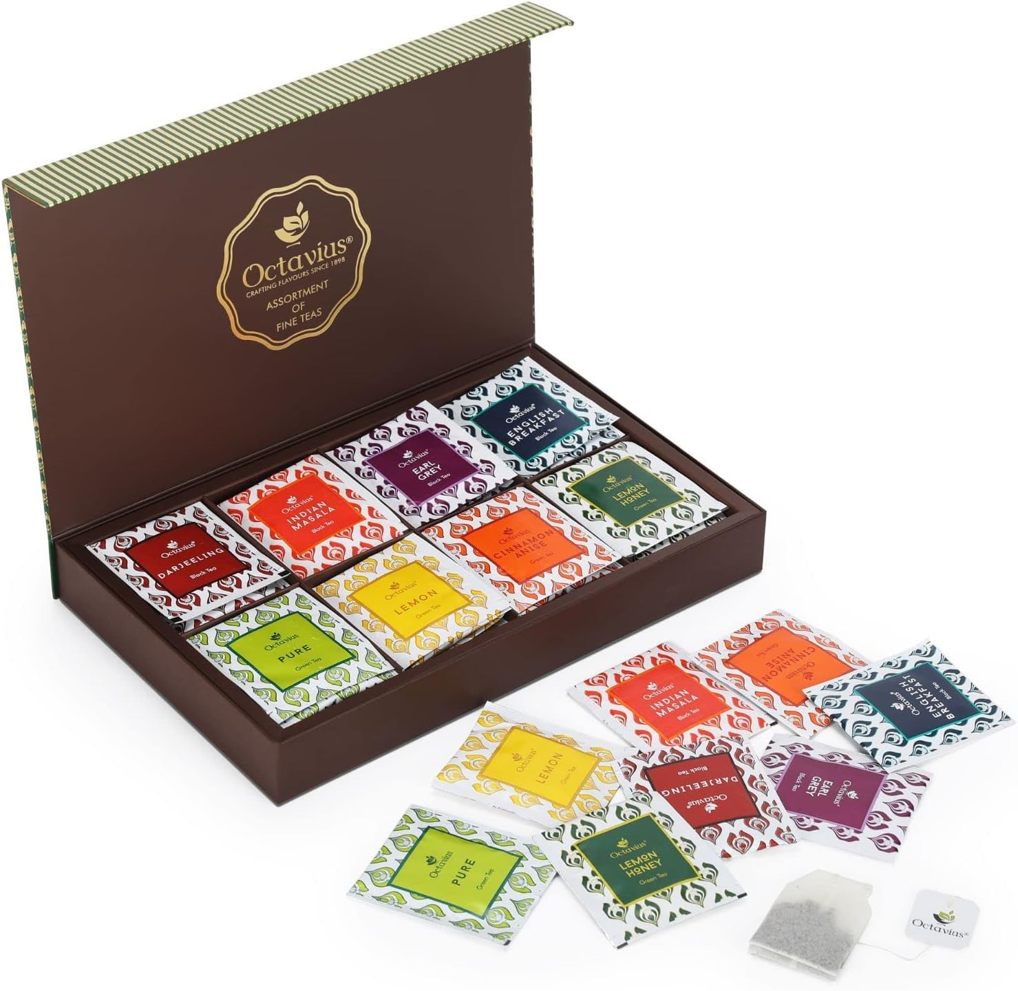 Octavius Tea Sampler Pack | 8 Assorted Black & Green Teas | 48 Teabags | Tea Sampler Variety Pack | Pack of 1