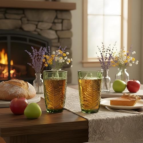 Miniatura 5 de Juego de 4 vasos verdes hechos a mano vintage de 12 onzas, cristalería antigua en relieve de helecho, vasos de vidrio texturizados bohemios, vasos