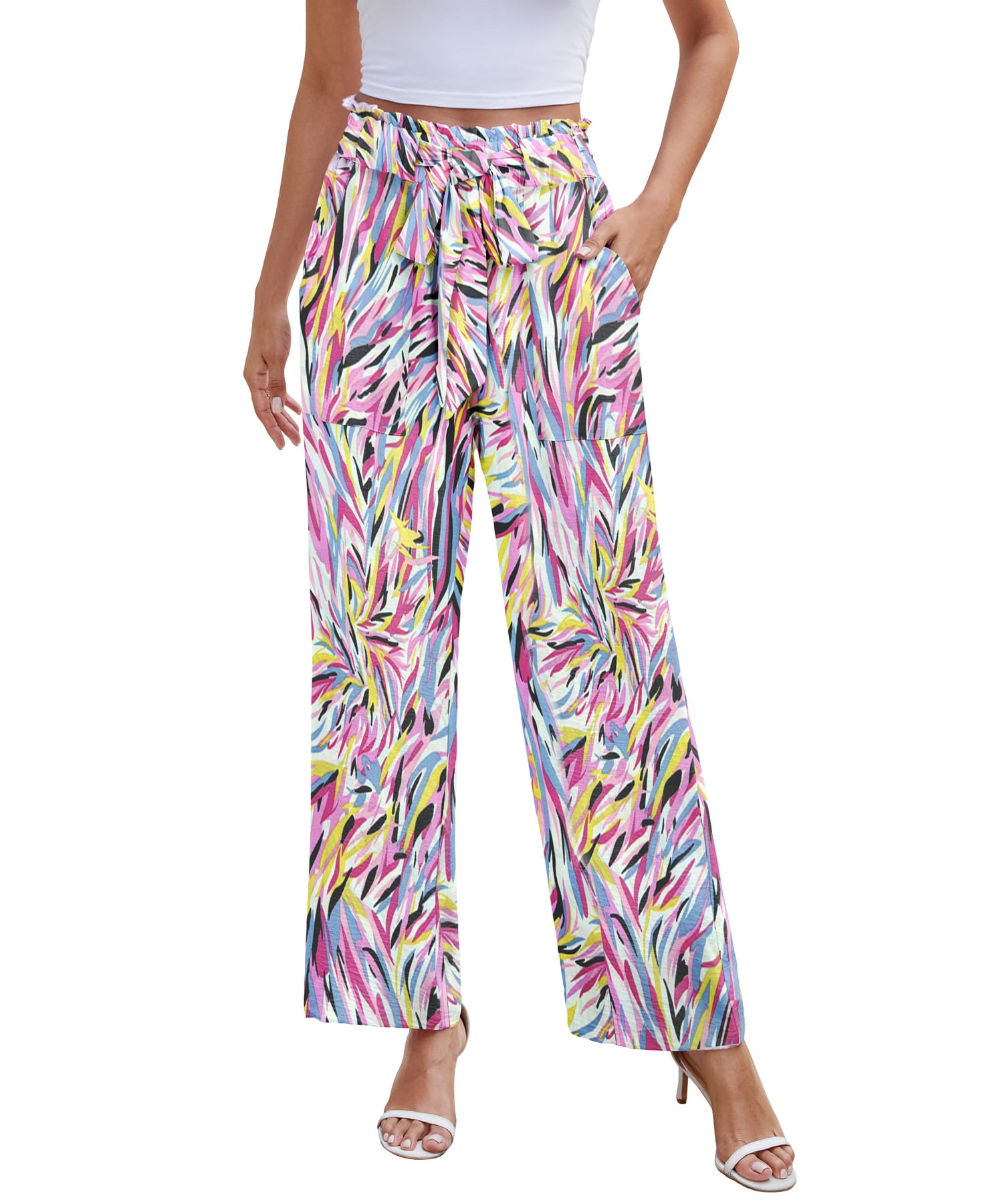 NILOUFO Women Summer Casual Wide Leg Pants High Waisted Elastic Tie Knot Boho Beach Trousers with Pockets Little