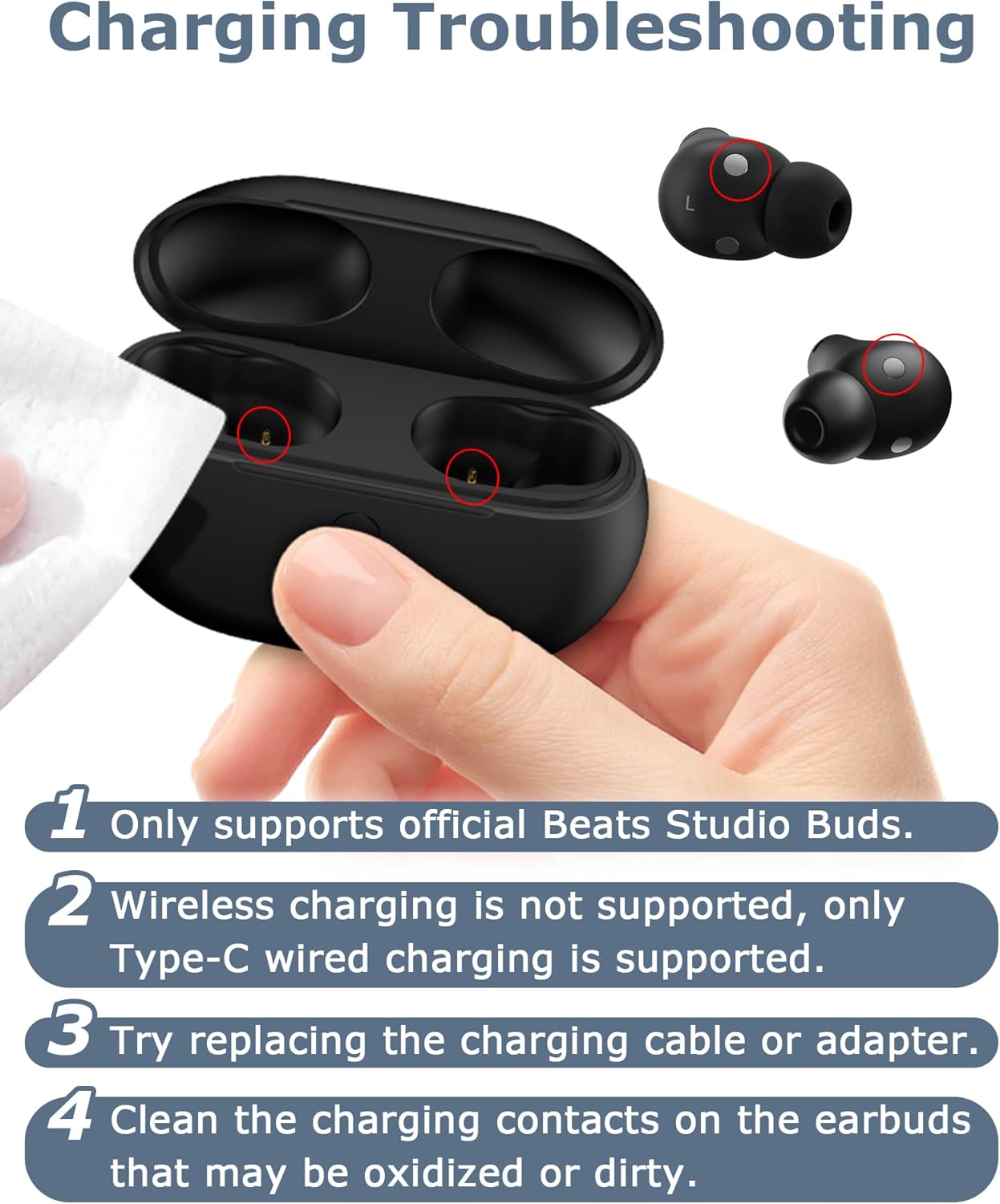 Charging Case Replacement for Studio Buds & Studio Buds+: 660mAh Earbuds Charger Case with Bluetooth Sync Button & USB-C Cable