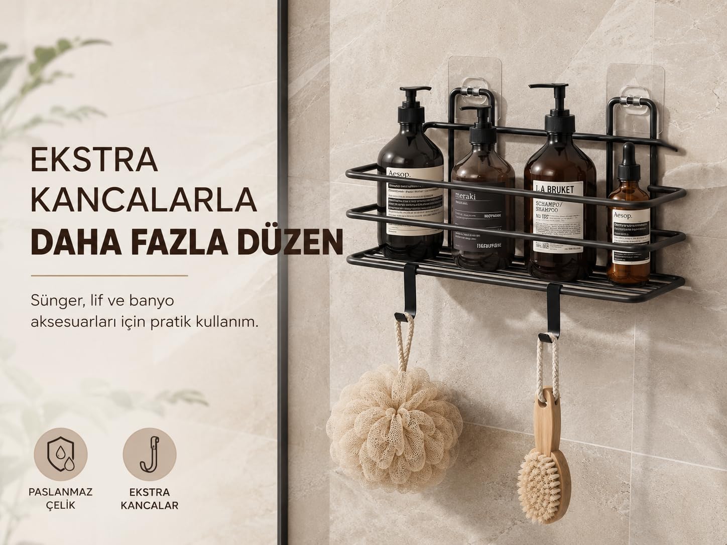 Alper Banyo Siyah Yapışkanlı Banyo Rafı, 2 Kancalı Duvar Tipi Banyo Organizer, Şampuanlık ve Aksesuar Rafı, Delmeden Kolay Kurulumlu Metal Banyo Düzenleyici