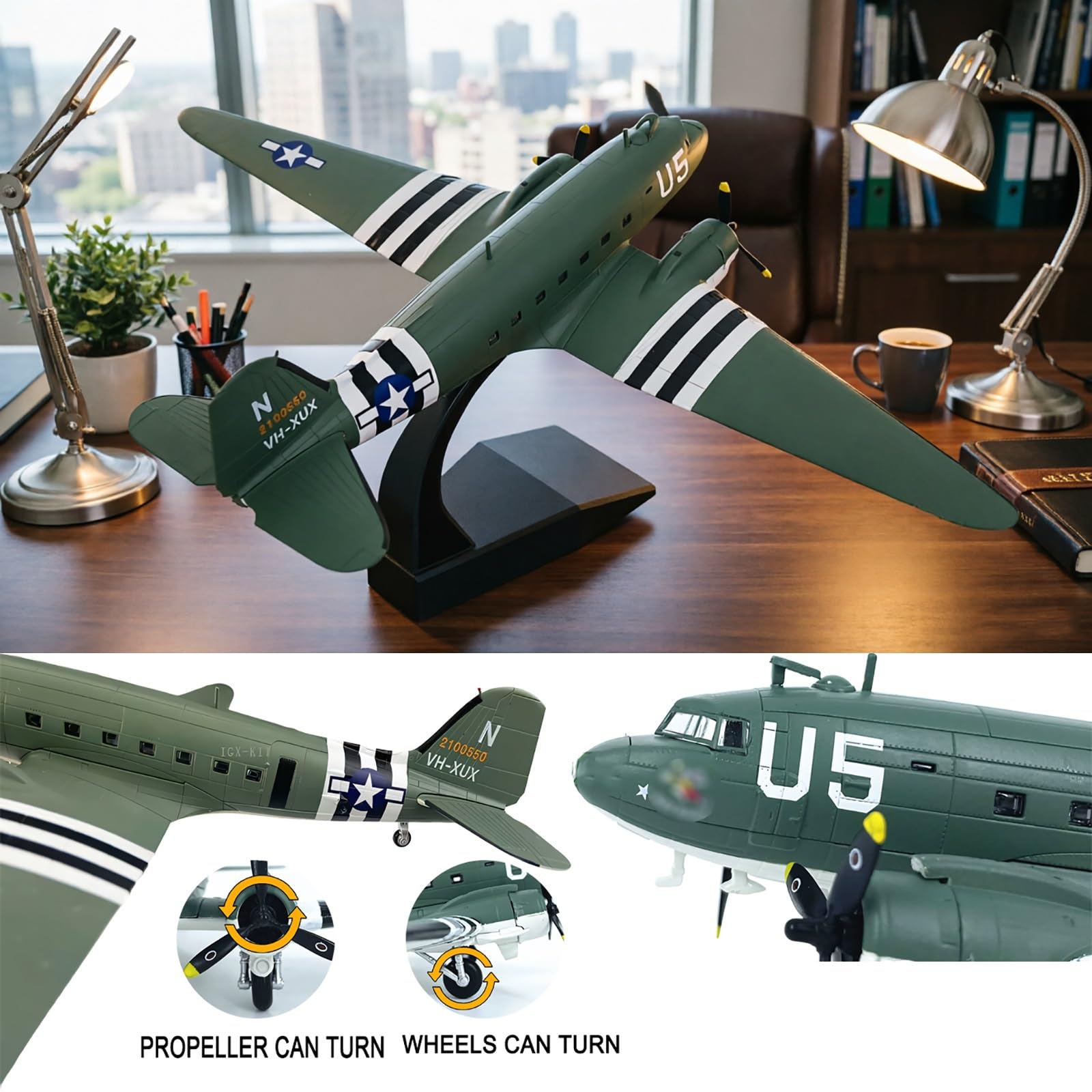 Modello aereo trasporto C-47 in scala 1:100 - Warbird militare in lega con espositore, puntelli rotanti Ruote Decorazione da scrivania for collezionisti, appassionati aviazione, ufficio