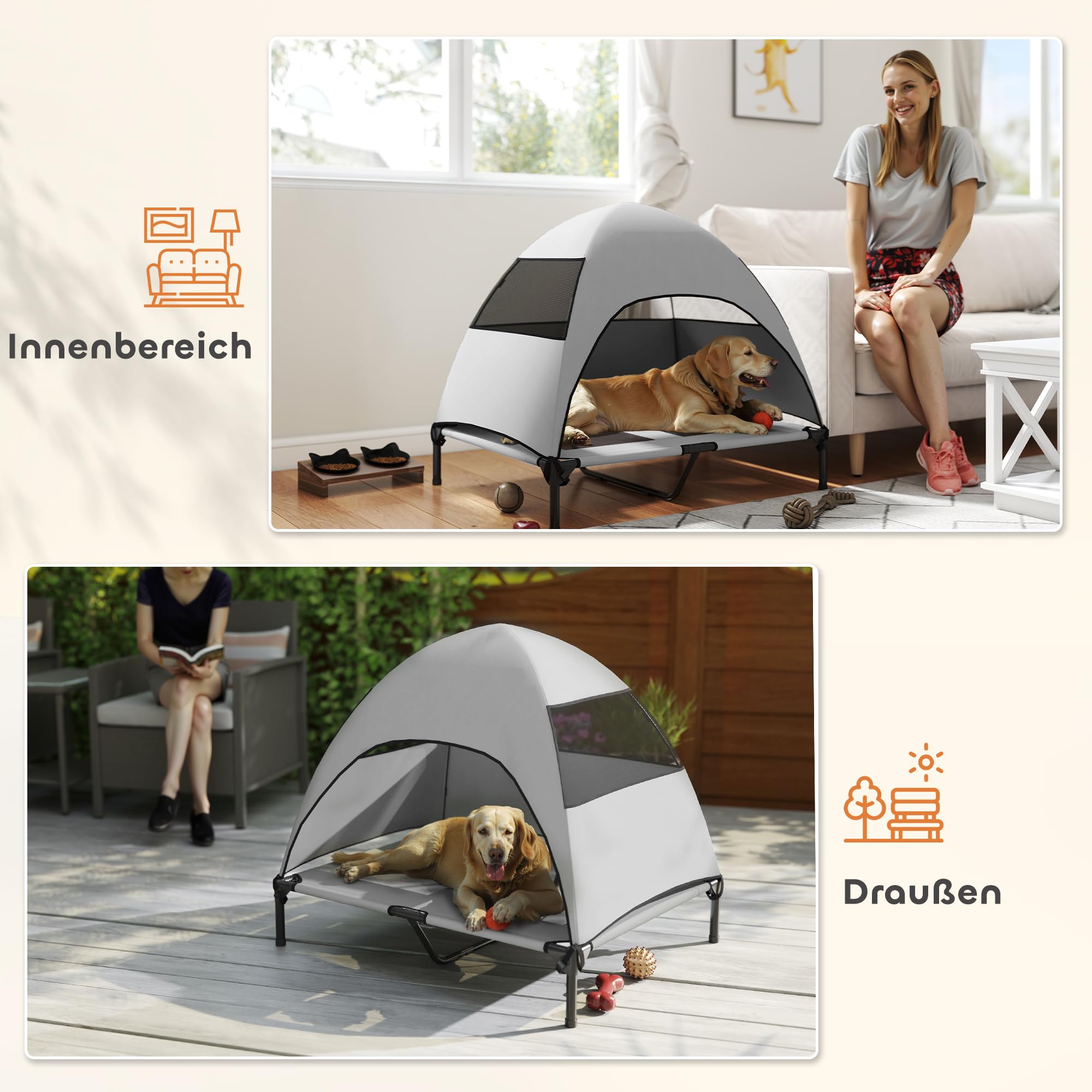PawHut Hundeliege Outdoor mit Dach Erhöht Stahlrahmen 91x76x90cm Hellgrau