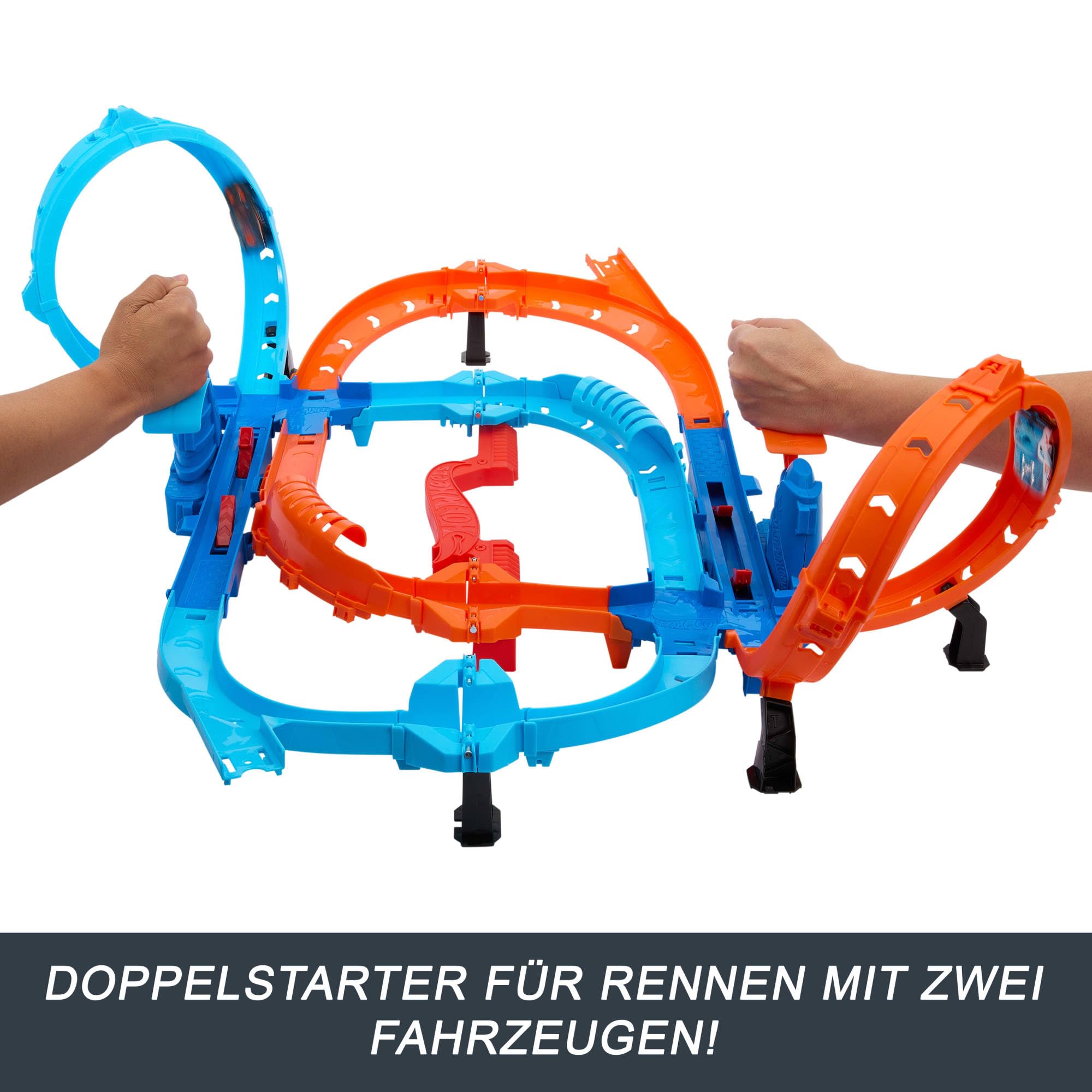 Hot Wheels Spielzeugauto Trackset, Ultra Hots Rasanter Wettkampfstart mit 2 Fahrzeugen im Maßstab 1:64, Kopf-an-Kopf-Rennen und Stunts, 2 manuell bedienbare Starter, HXR71