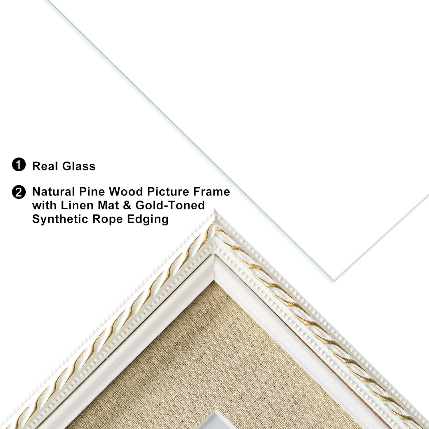 8x10 Picture Frame Pine Wood with Real Glass, Gold-Toned Synthetic Rope Edging, Linen Matted to 5x7, Vertical and Horizontal for Tabletop or Wall Hanging, White