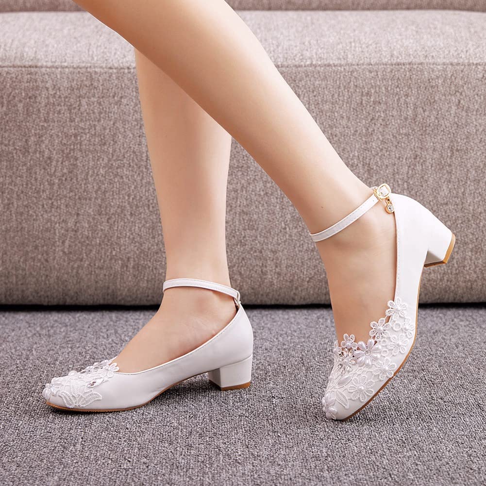 Cylele Mgg Damen Brautschuhe 3 cm High Heel Sandalen Brautjungfer Hochzeit Ein Wort Schnalle Spitzen Perlen Stöckchen High Heels