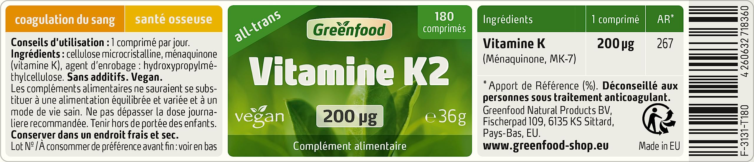 Greenfood Vitamine K2 (MK-7, all-trans), 200 µg, dose élevée, 180 comprimés, vegan - pour au maintien d'une ossature normale. SANS additifs artificiels. Sans génie génétique.